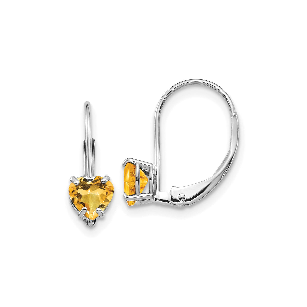 14k White Gold Heart Shaped Citrine Leverback Earrings, Drop Style for Women