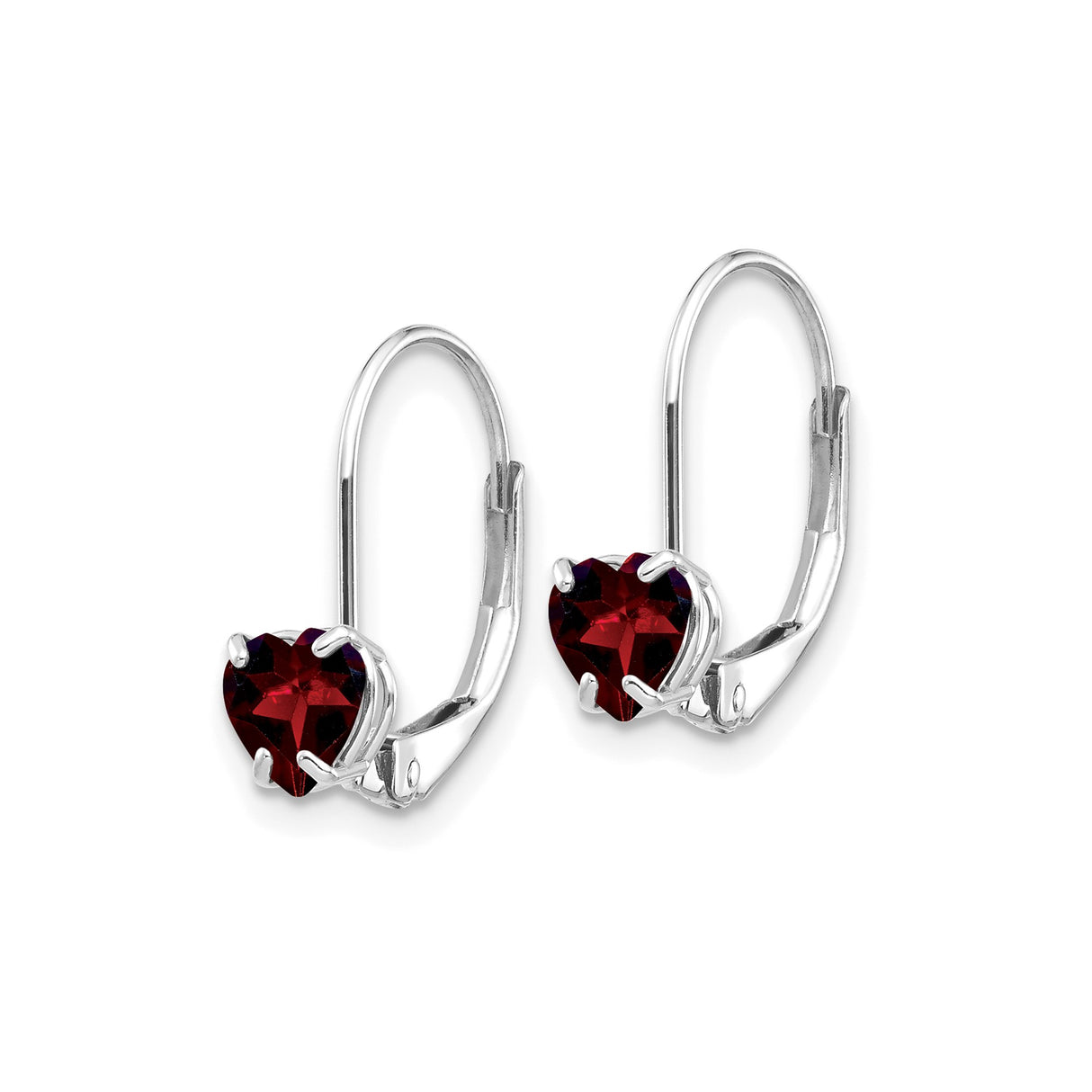 14k White Gold Garnet Heart Leverback Earrings, Romantic Dangle Drops for Women