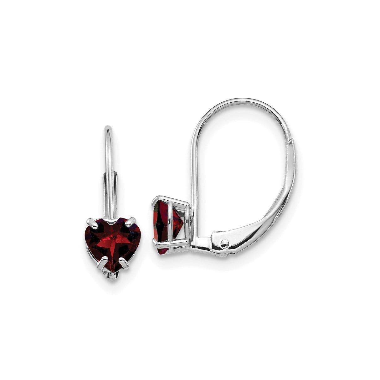 14k White Gold Garnet Heart Leverback Earrings, Romantic Dangle Drops for Women