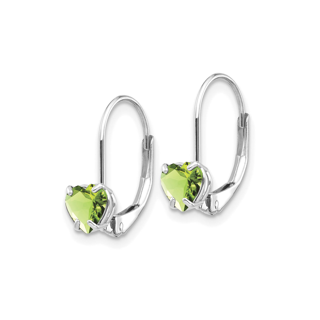 14k White Gold Leverback Drop Earrings with Heart Shaped Peridot Gemstones