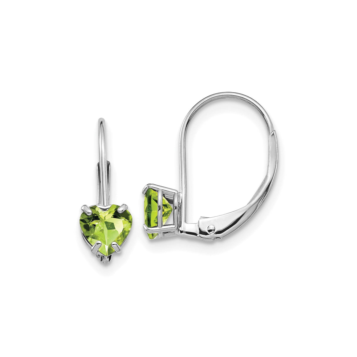 14k White Gold Leverback Drop Earrings with Heart Shaped Peridot Gemstones