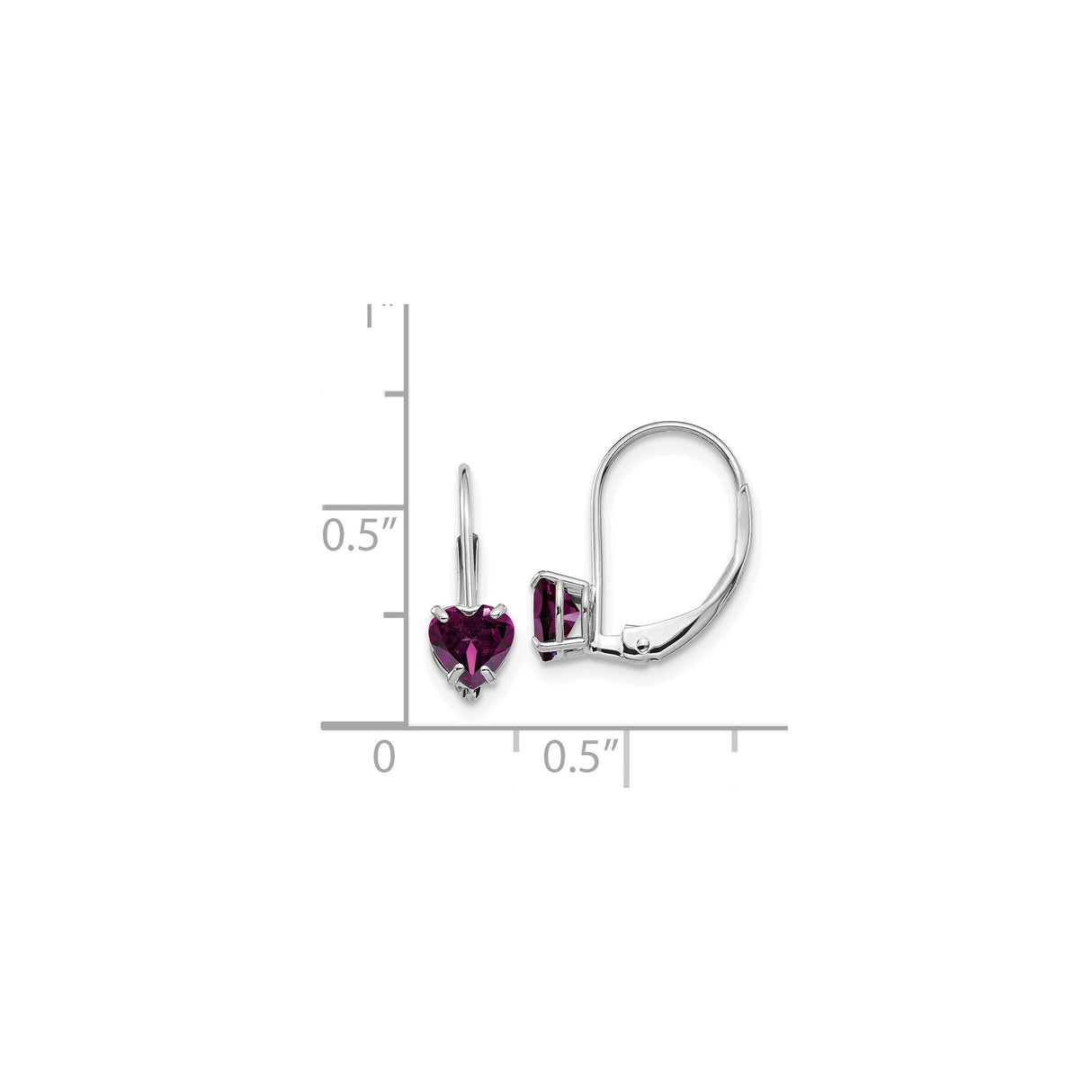 14k White Gold Heart Leverback Earrings with Rhodolite Garnet Drop Design