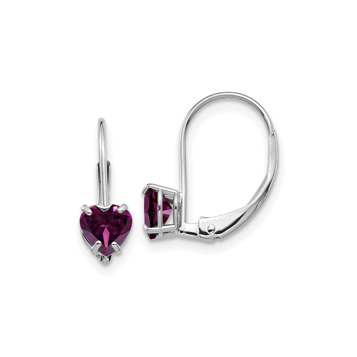14k White Gold Heart Leverback Earrings with Rhodolite Garnet Drop Design