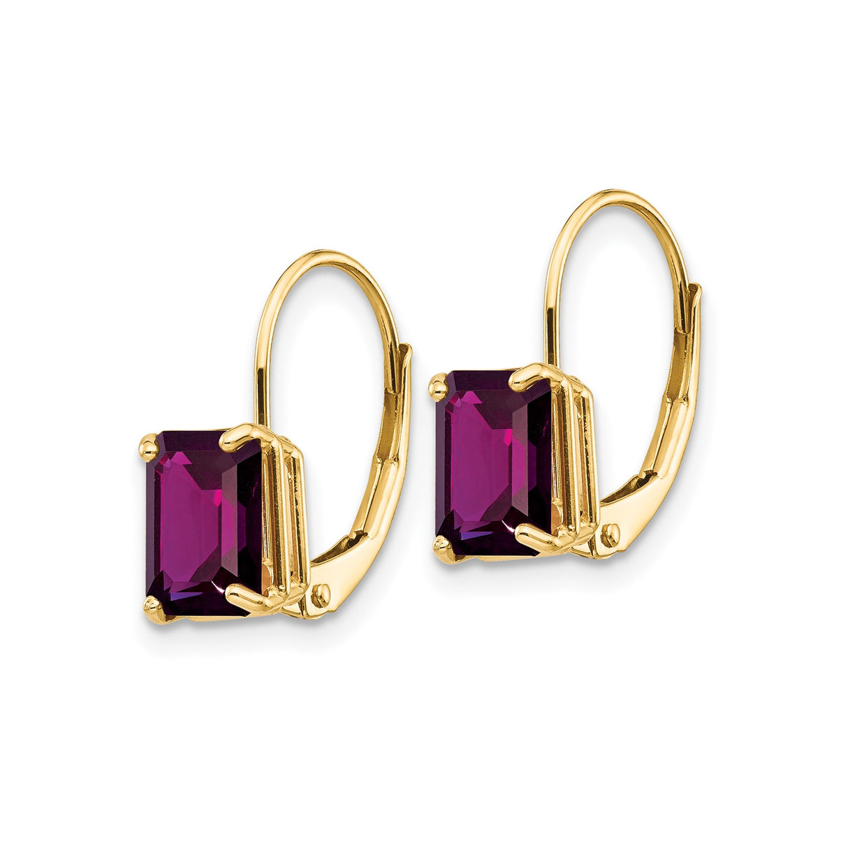 14k Yellow Gold Leverback Earrings with Emerald Cut Amethyst, Classic Drop Style for Women