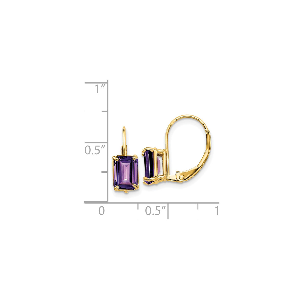14k Yellow Gold Leverback Earrings with Emerald Cut Amethyst, Classic Drop Style for Women