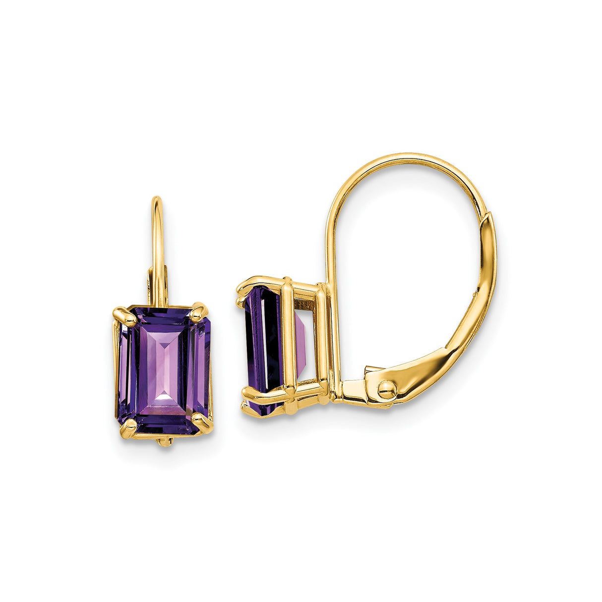 14k Yellow Gold Leverback Earrings with Emerald Cut Amethyst, Classic Drop Style for Women