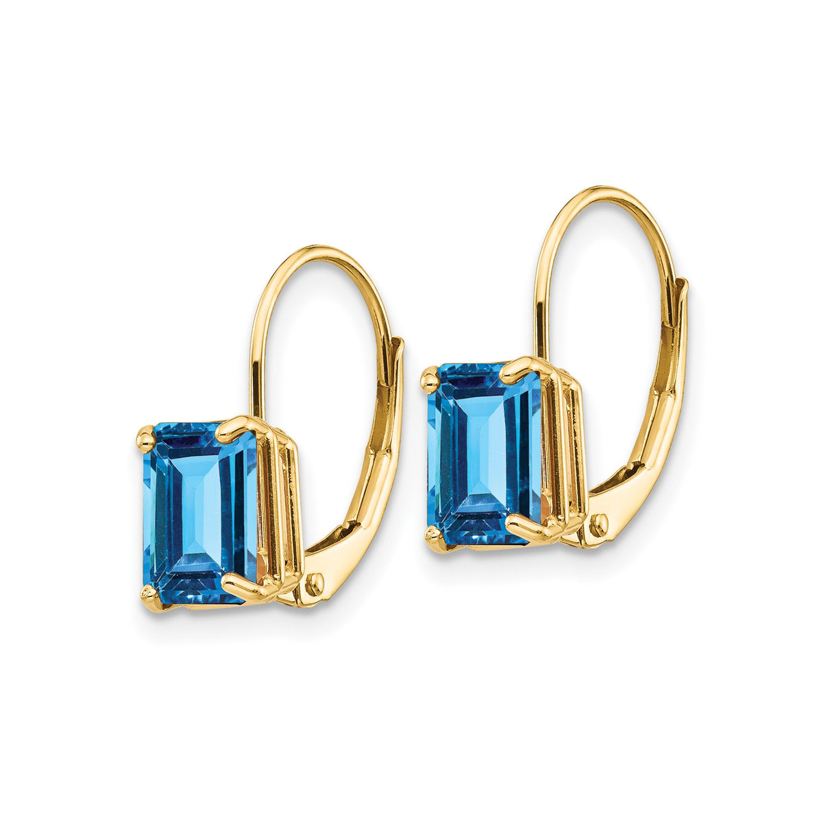 14k Yellow Gold Leverback Earrings with Swiss Blue Topaz, Emerald Cut Drop Design