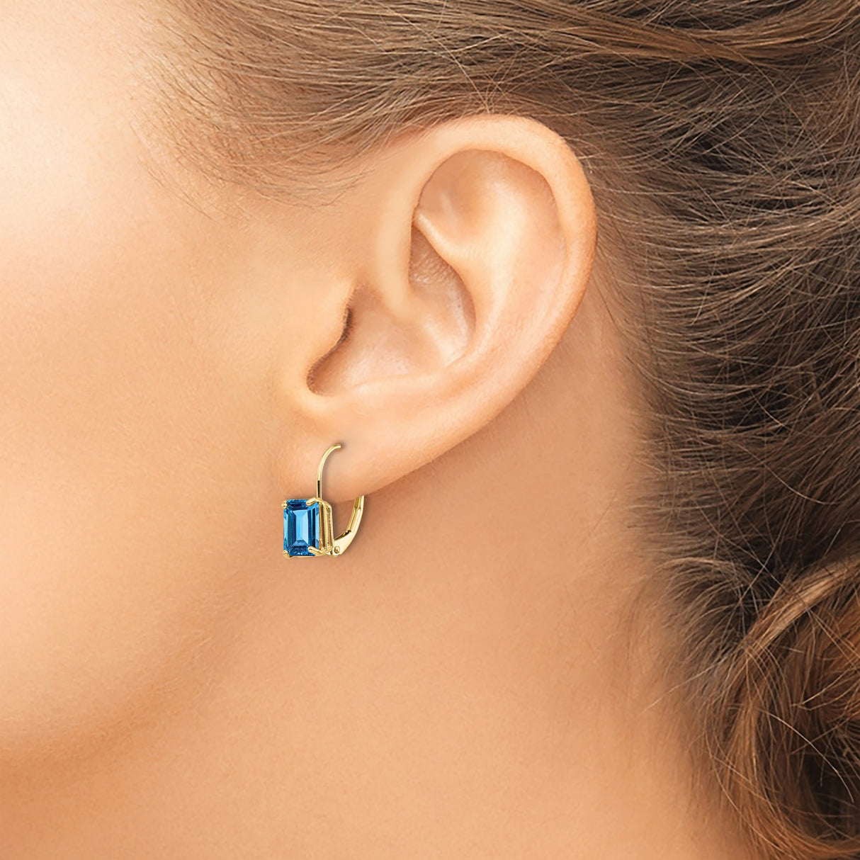 14k Yellow Gold Leverback Earrings with Swiss Blue Topaz, Emerald Cut Drop Design