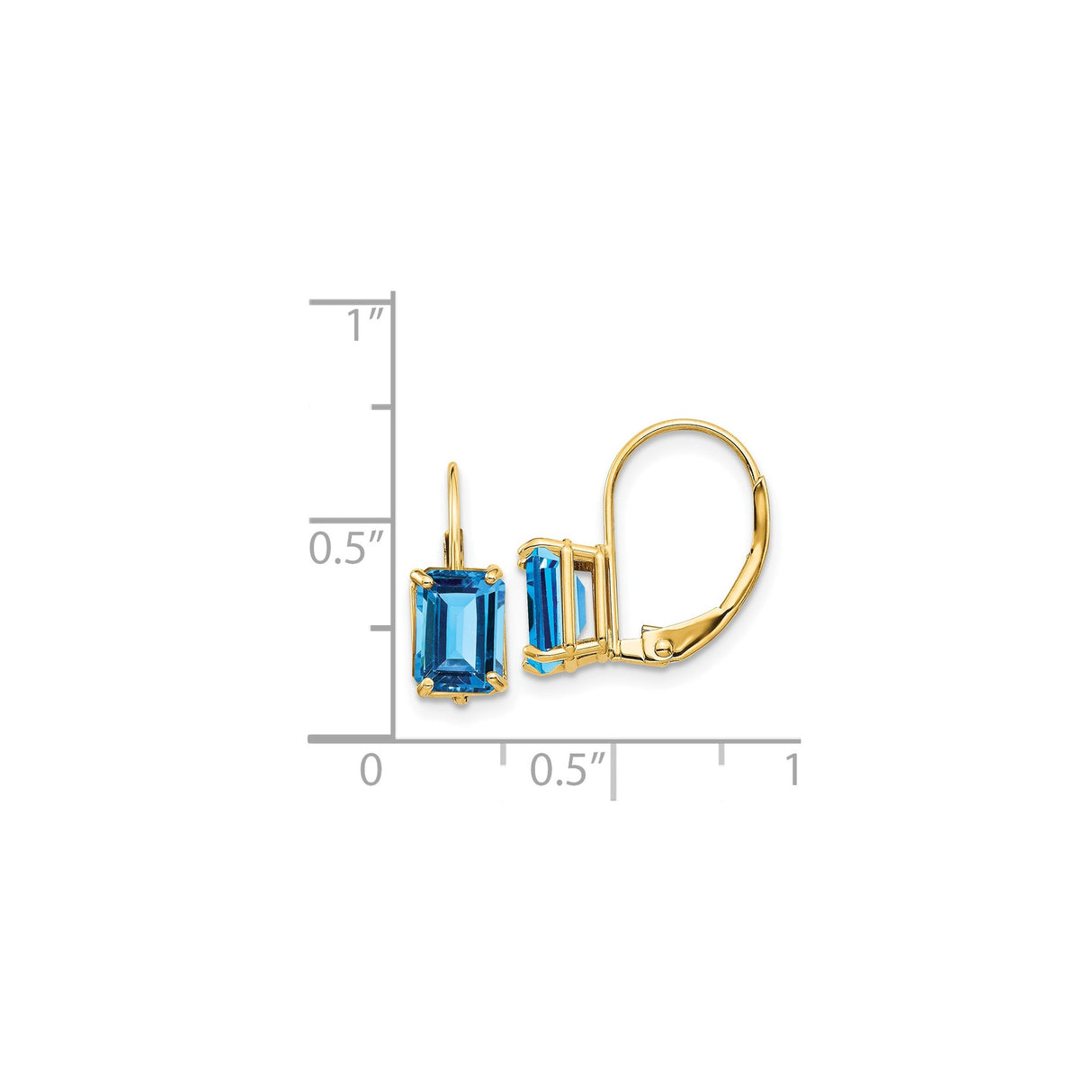 14k Yellow Gold Leverback Earrings with Swiss Blue Topaz, Emerald Cut Drop Design