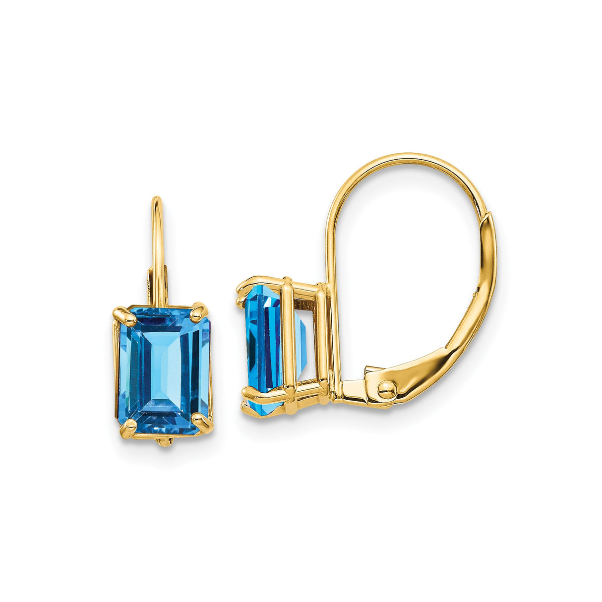 14k Yellow Gold Leverback Earrings with Swiss Blue Topaz, Emerald Cut Drop Design