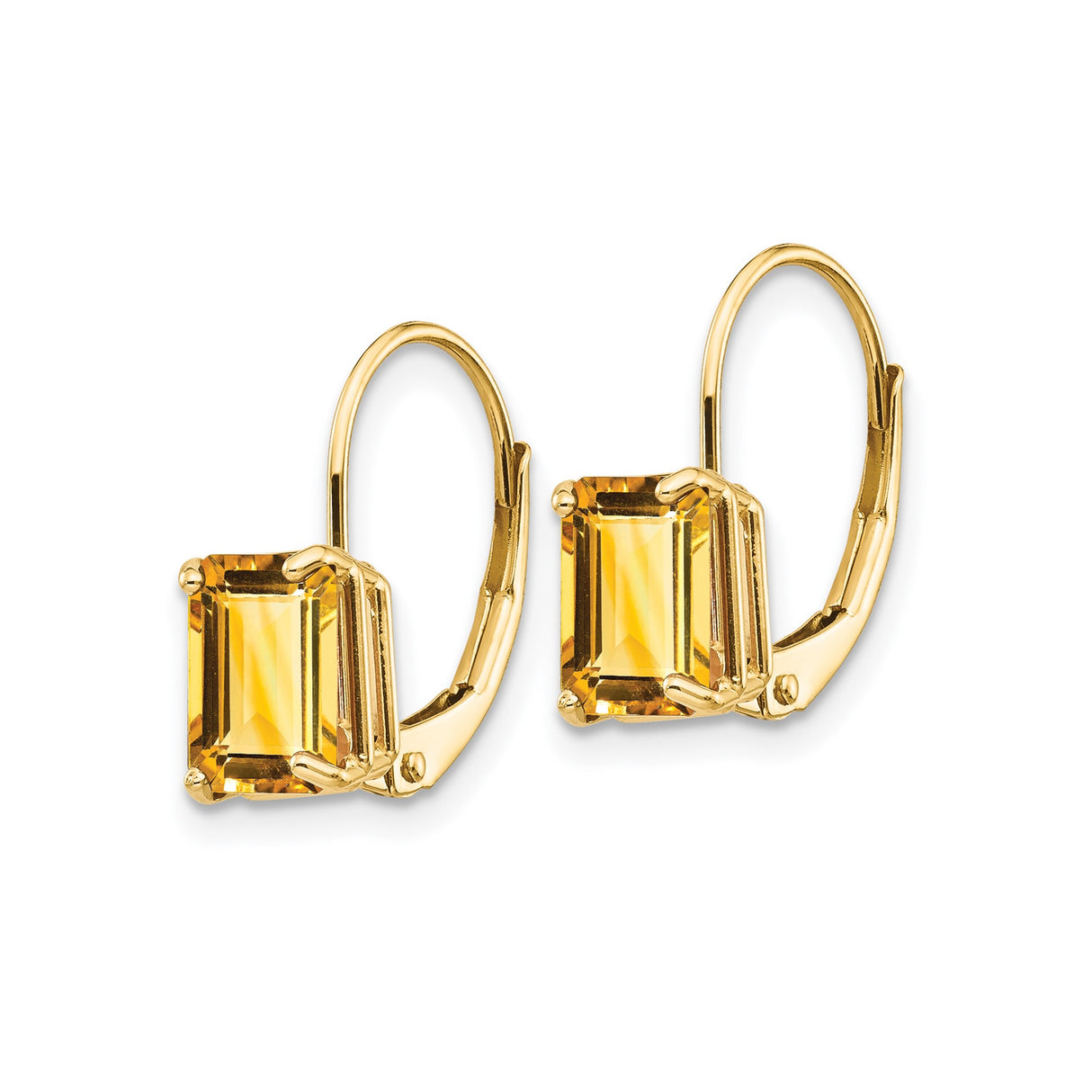 14k Yellow Gold Leverback Earrings with Emerald Cut Citrine Dangle Design for Women