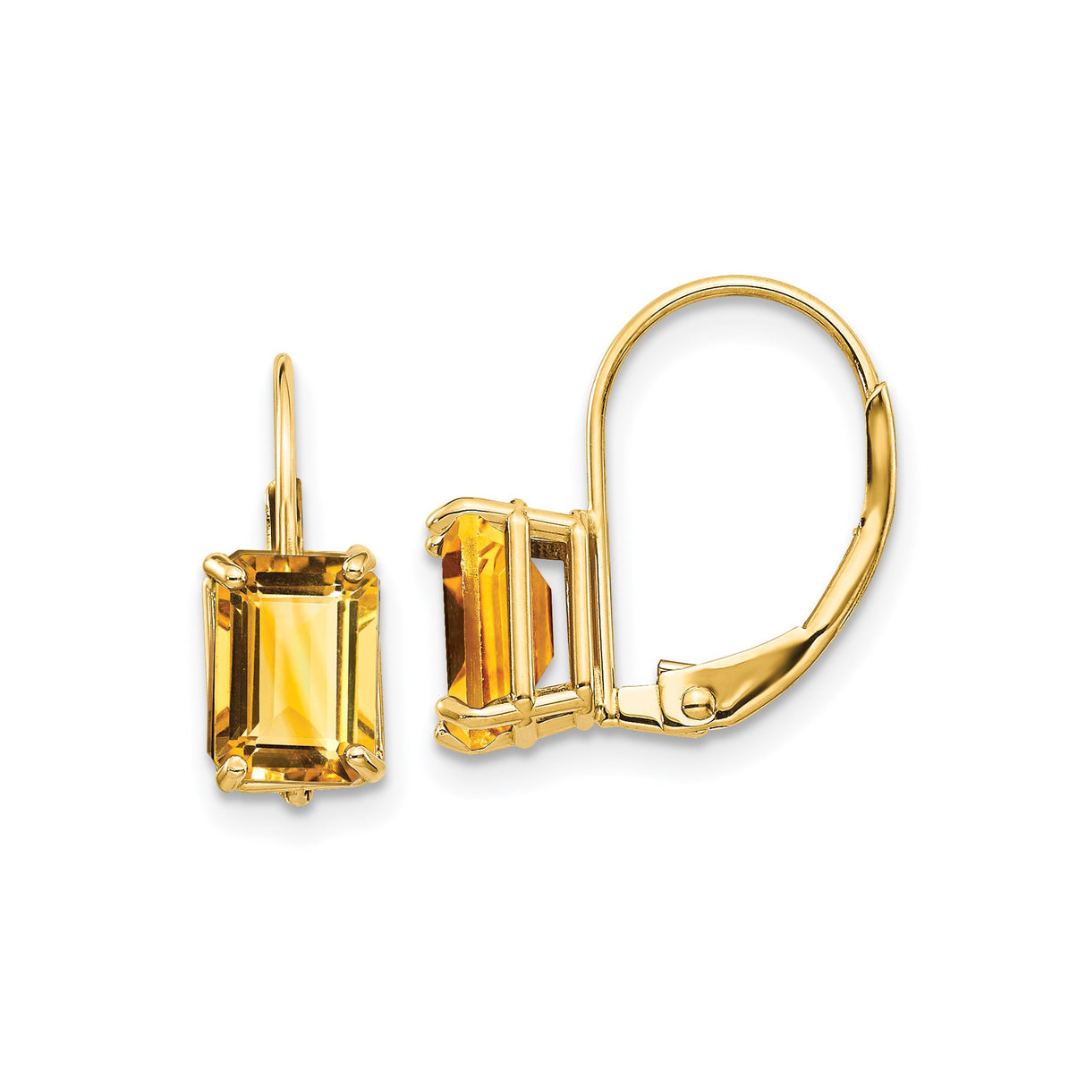 14k Yellow Gold Leverback Earrings with Emerald Cut Citrine Dangle Design for Women