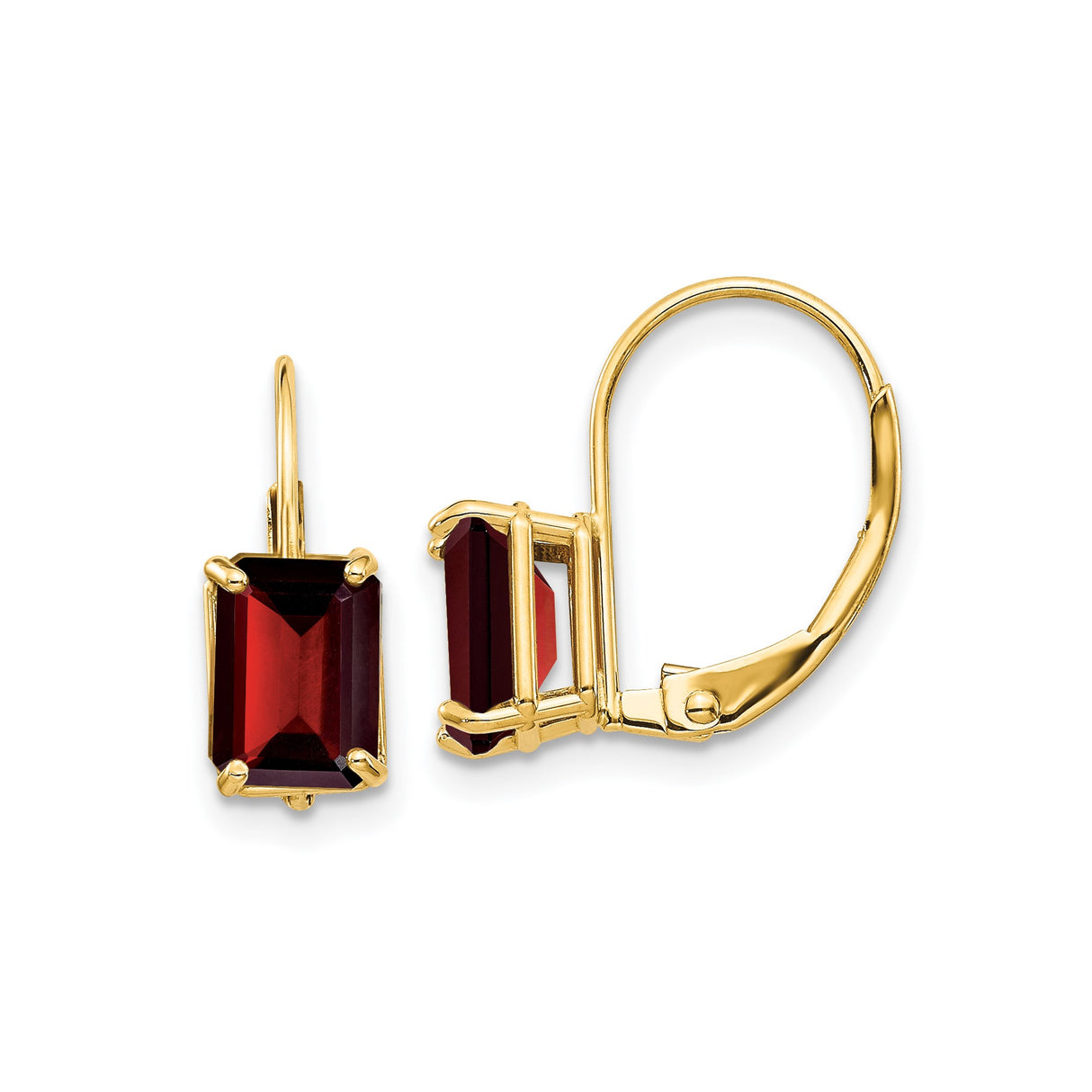 14k Yellow Gold Drop Earrings with Garnet, Emerald Cut Dangle Style for Women