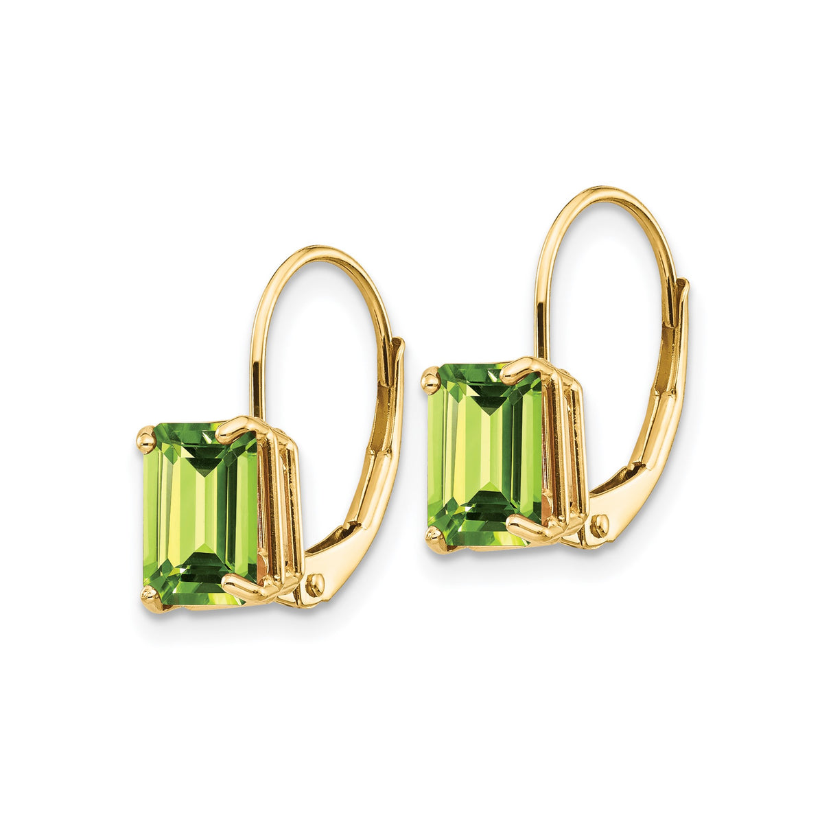 14k Yellow Gold Leverback Drop Earrings with Peridot, Emerald Cut, August Birthstone Design