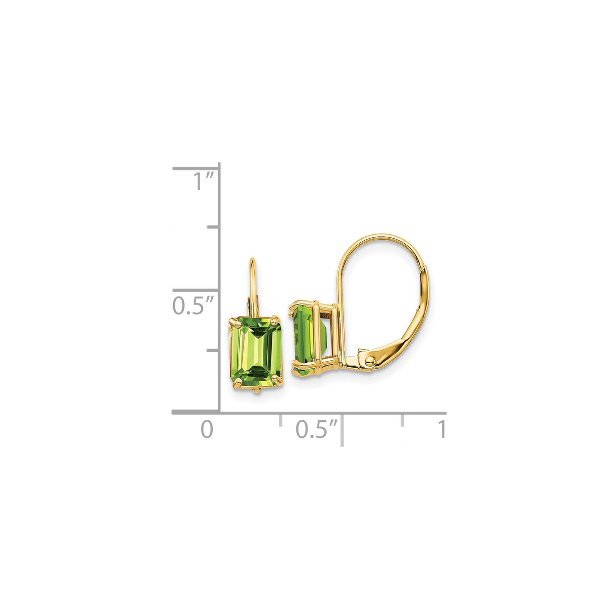 14k Yellow Gold Leverback Drop Earrings with Peridot, Emerald Cut, August Birthstone Design