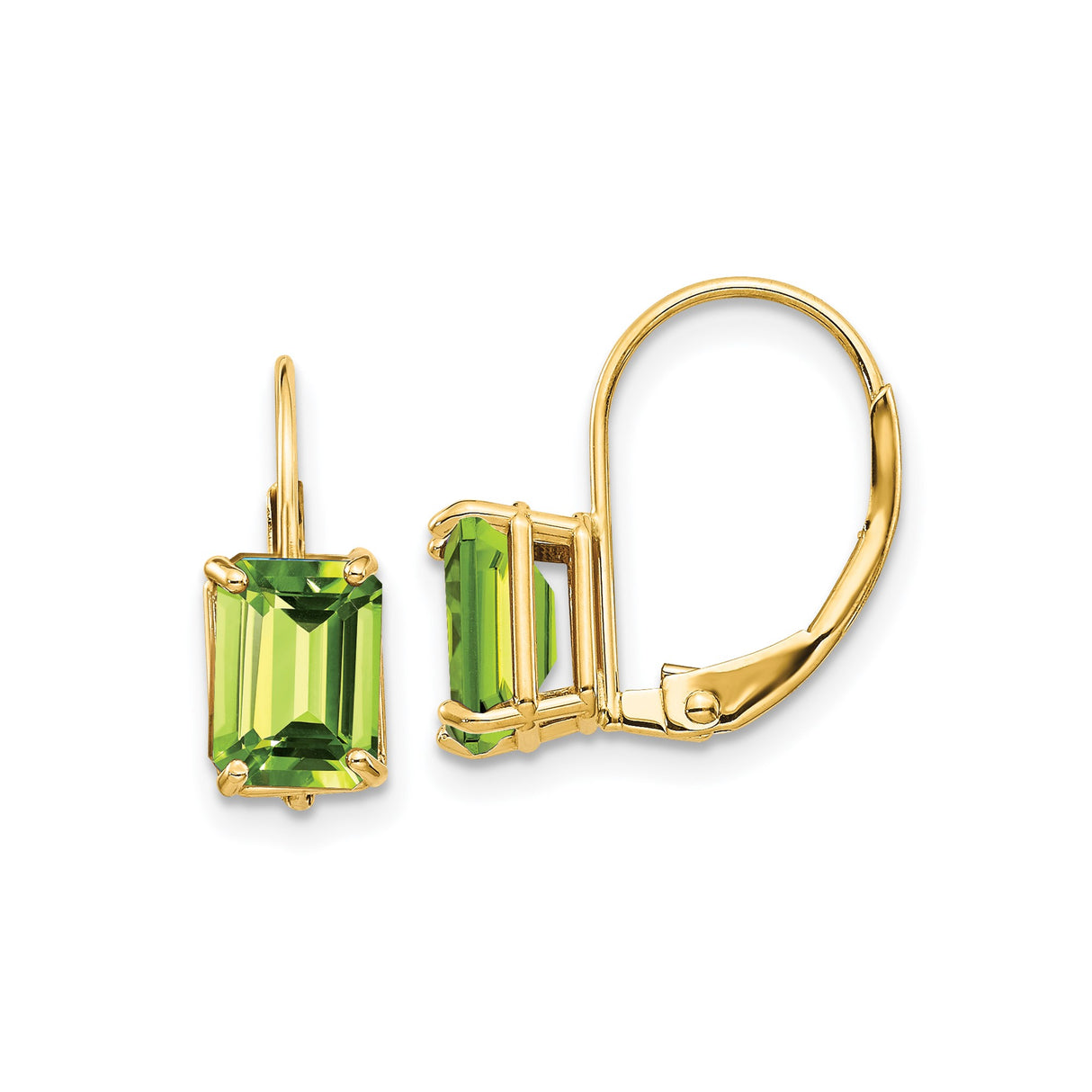 14k Yellow Gold Leverback Drop Earrings with Peridot, Emerald Cut, August Birthstone Design