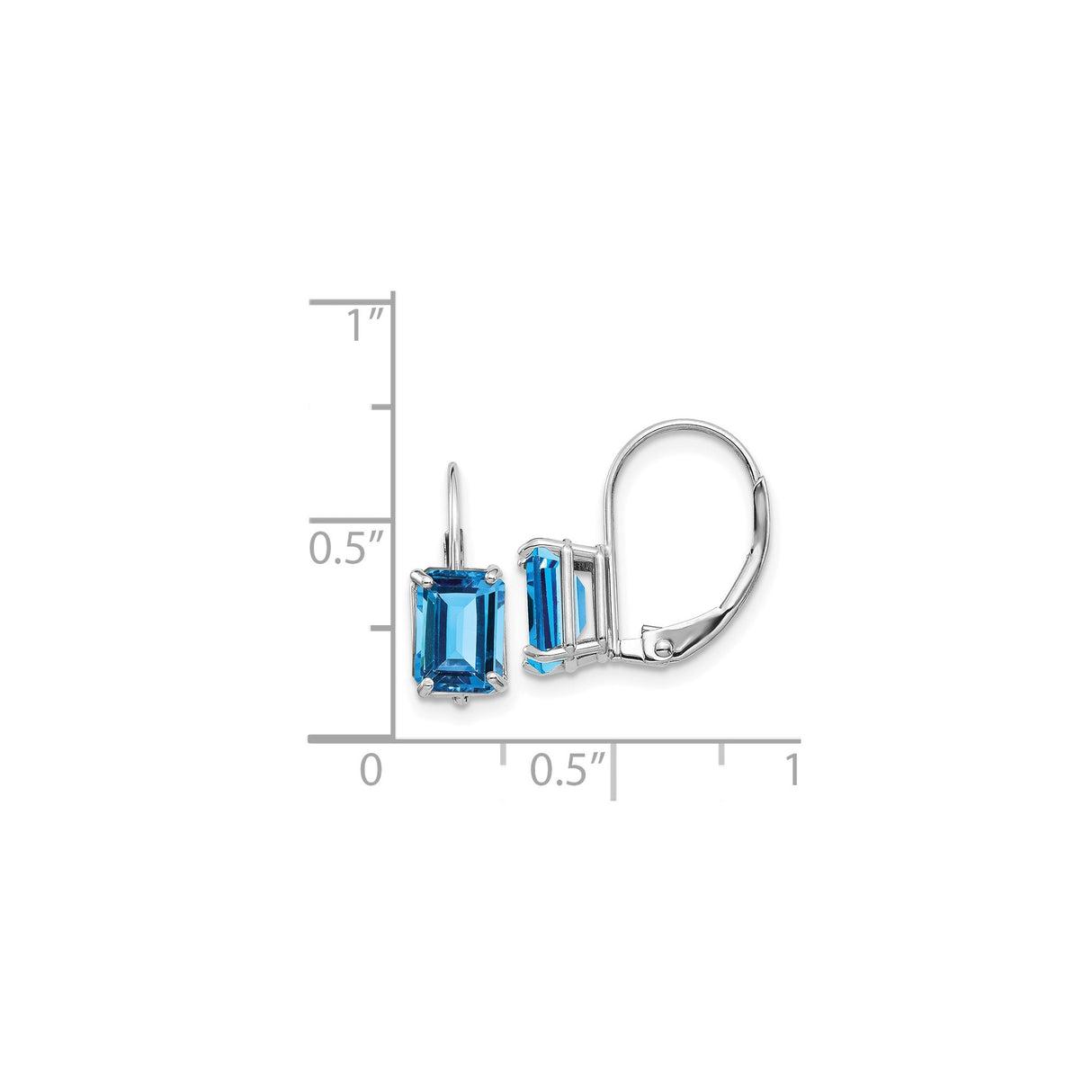 14k White Gold Dangle Earrings with Emerald Cut Swiss Blue Topaz, Leverback Drop Style