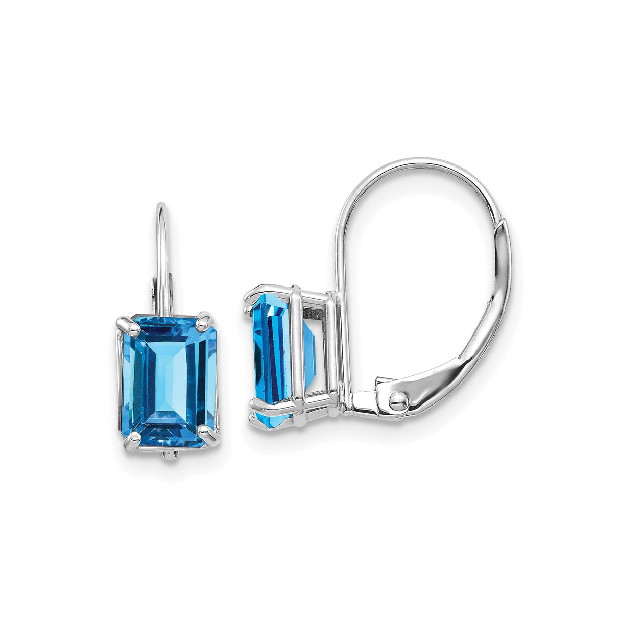 14k White Gold Dangle Earrings with Emerald Cut Swiss Blue Topaz, Leverback Drop Style