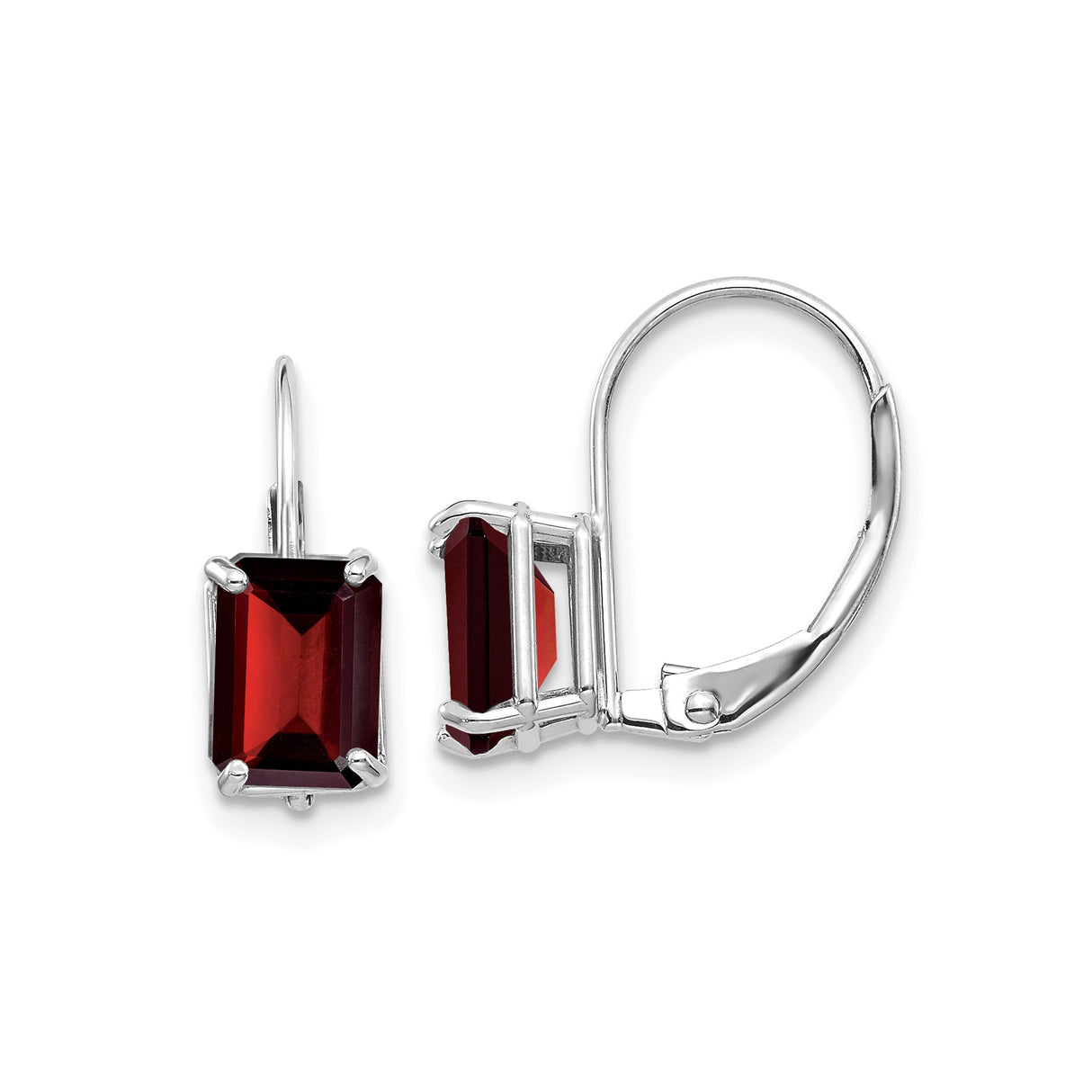 14k White Gold Garnet Leverback Earrings, Emerald Cut Drop Style for Women