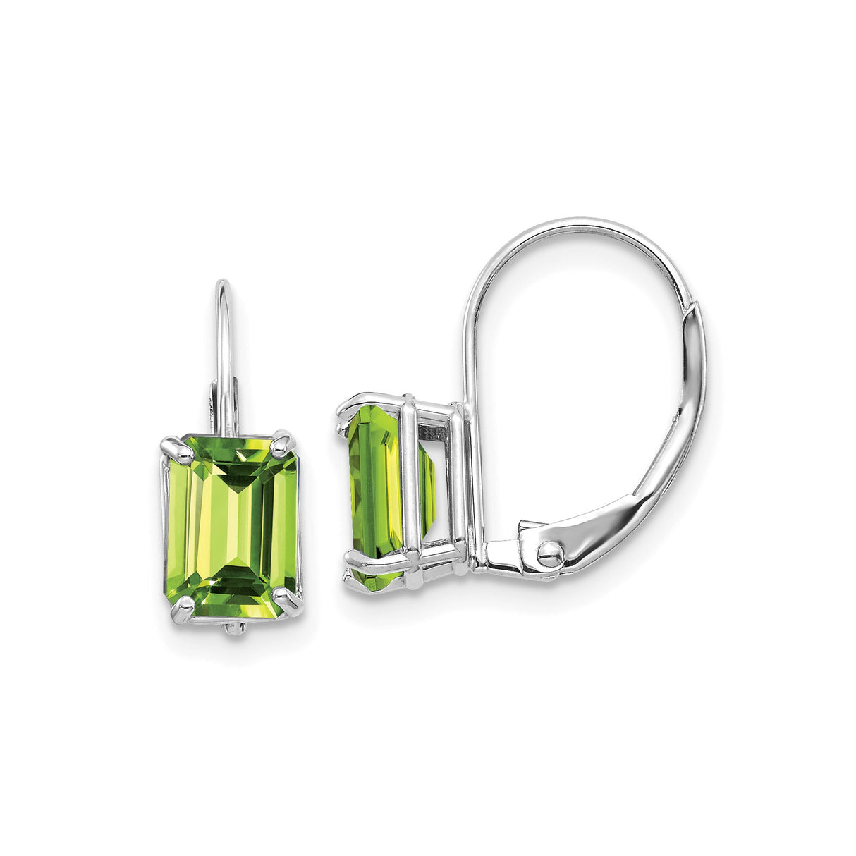 14k White Gold Leverback Earrings with Peridot, Emerald Cut, Modern Minimalist Drop Design