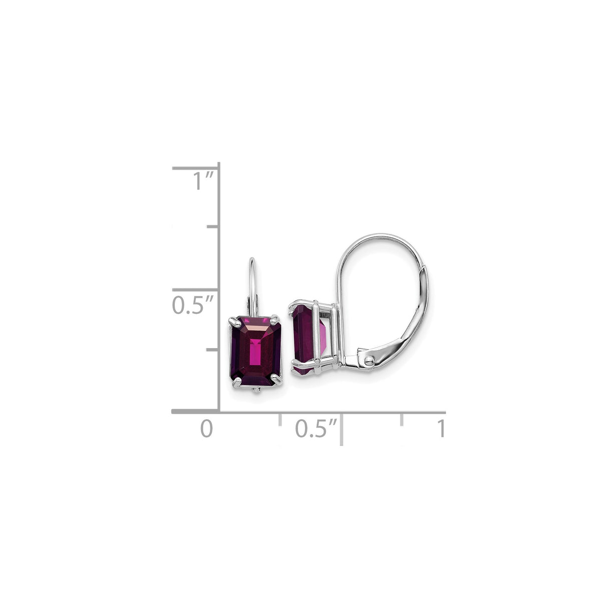 14k White Gold Leverback Earrings with Rhodolite Garnet, Emerald Cut Dangle Design for Women