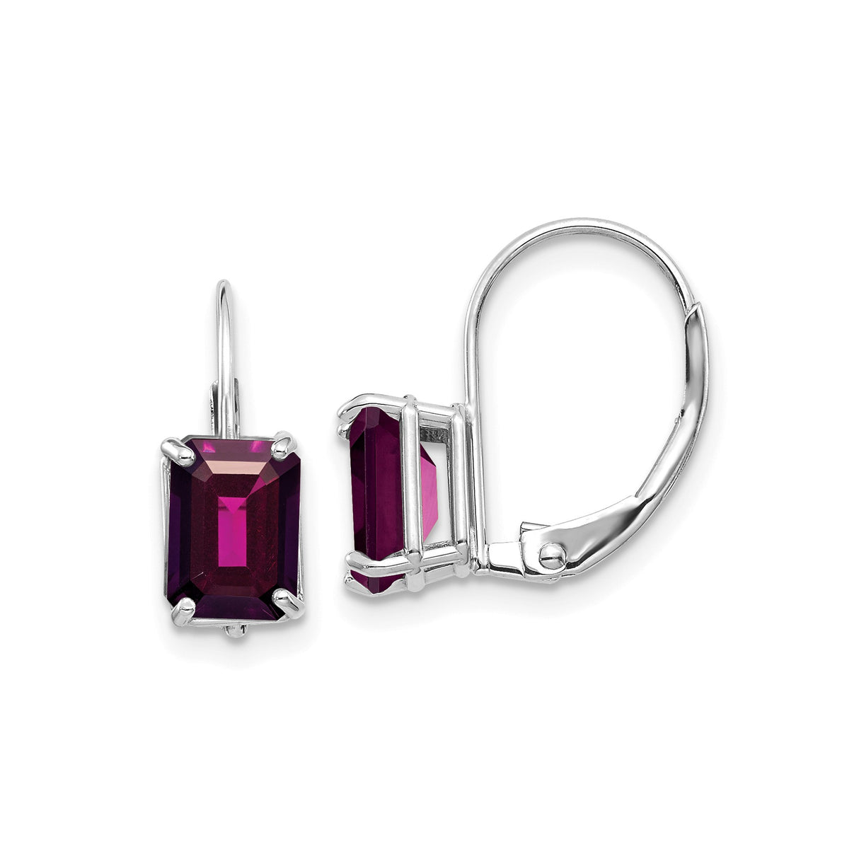 14k White Gold Leverback Earrings with Rhodolite Garnet, Emerald Cut Dangle Design for Women