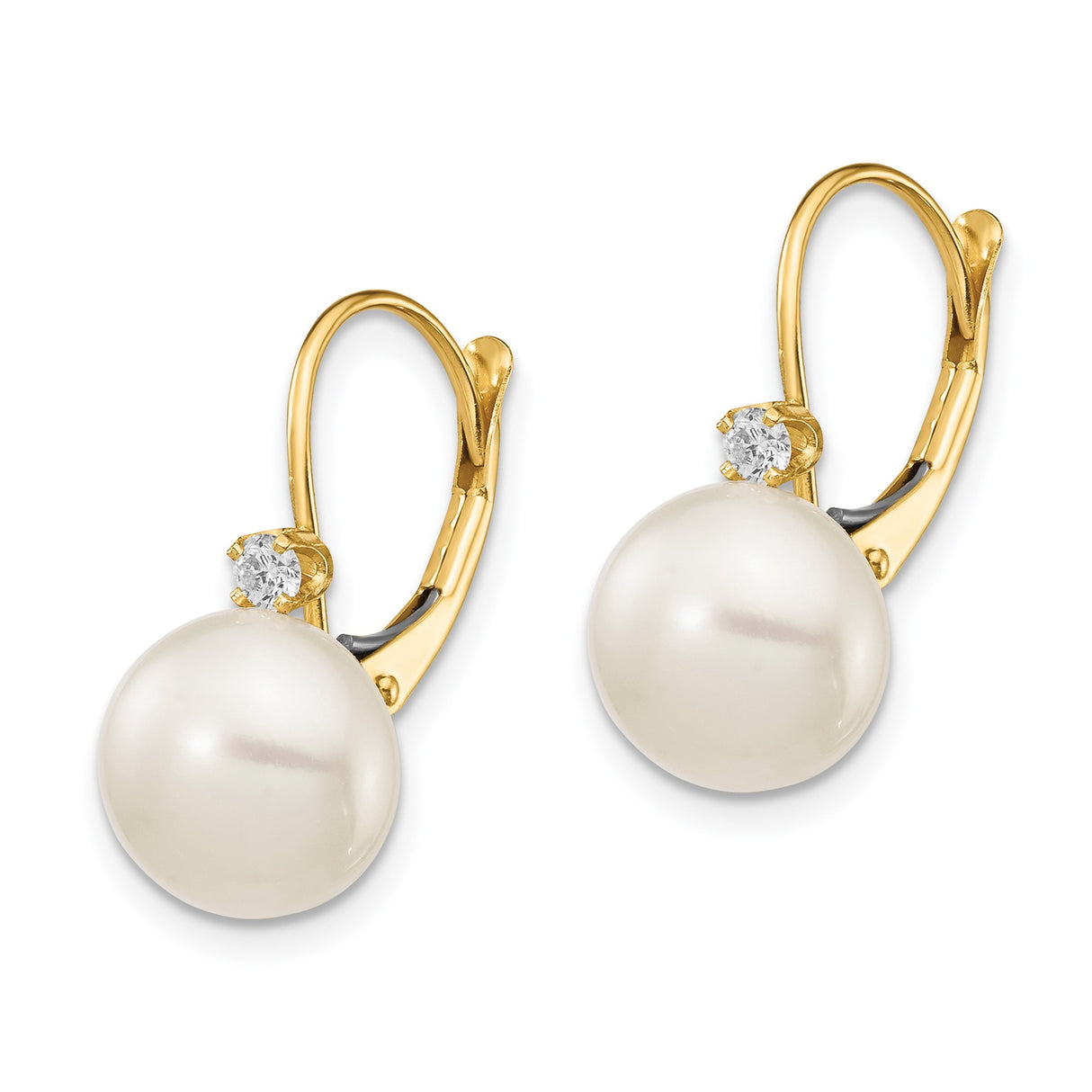 14k Yellow Gold Dangle Earrings with Cultured Freshwater Pearls and Diamonds, Leverback Design