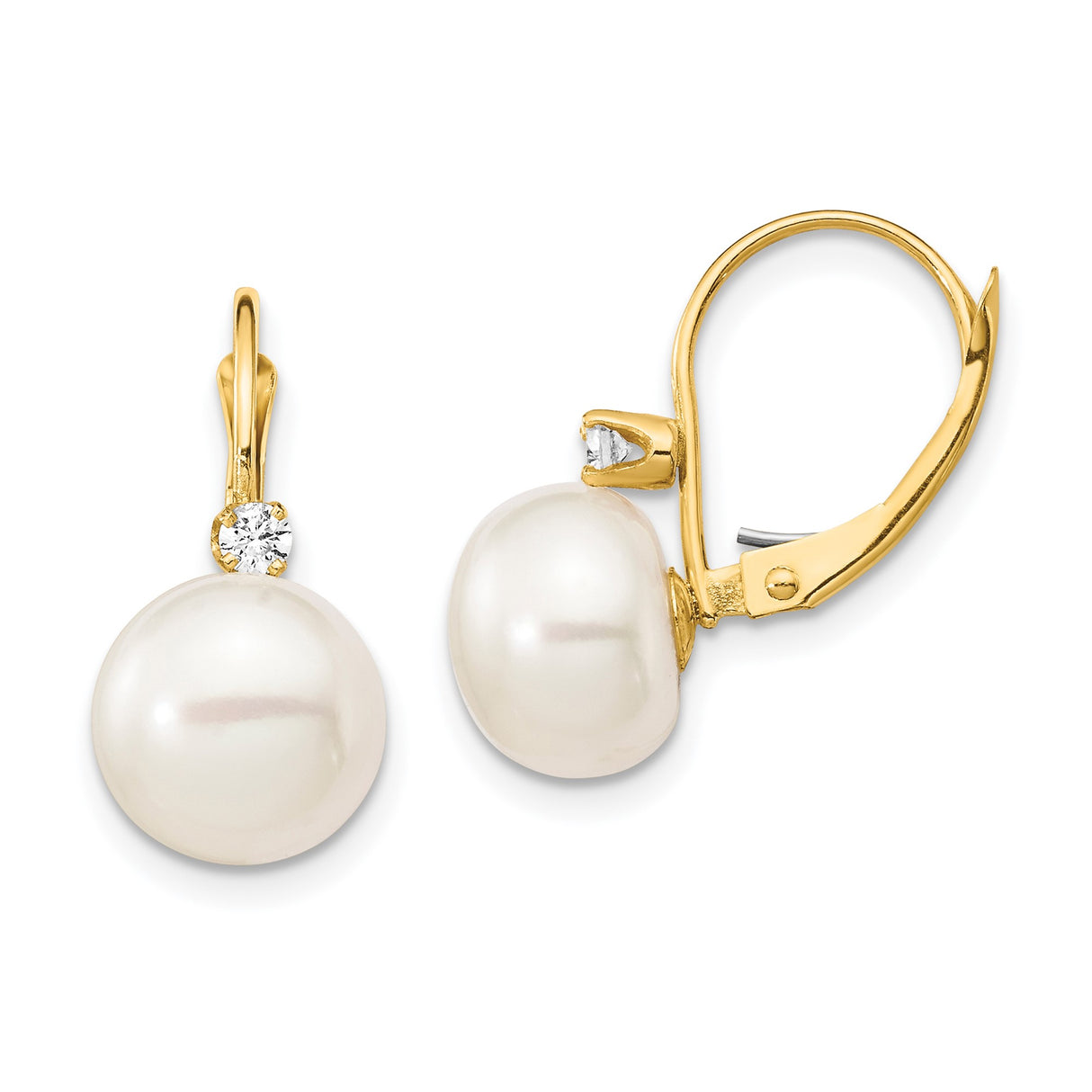 14k Yellow Gold Dangle Earrings with Cultured Freshwater Pearls and Diamonds, Leverback Design