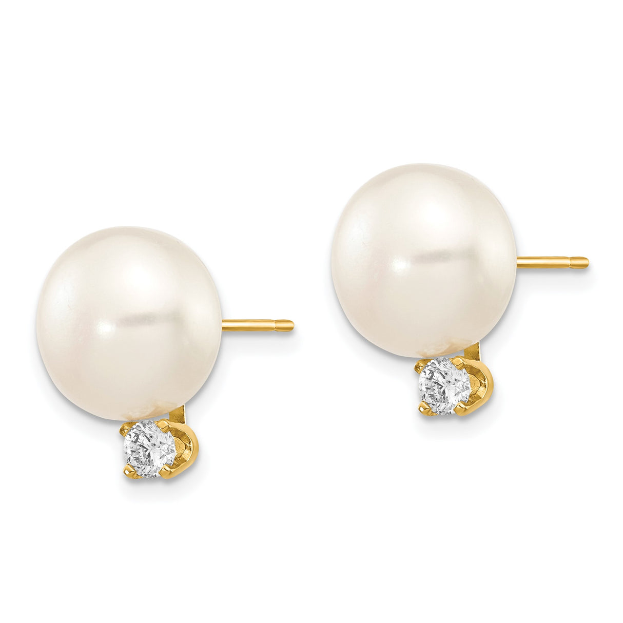 14k Yellow Gold Pearl Stud Earrings with Diamond Accent, Classic Bridal Style for Women