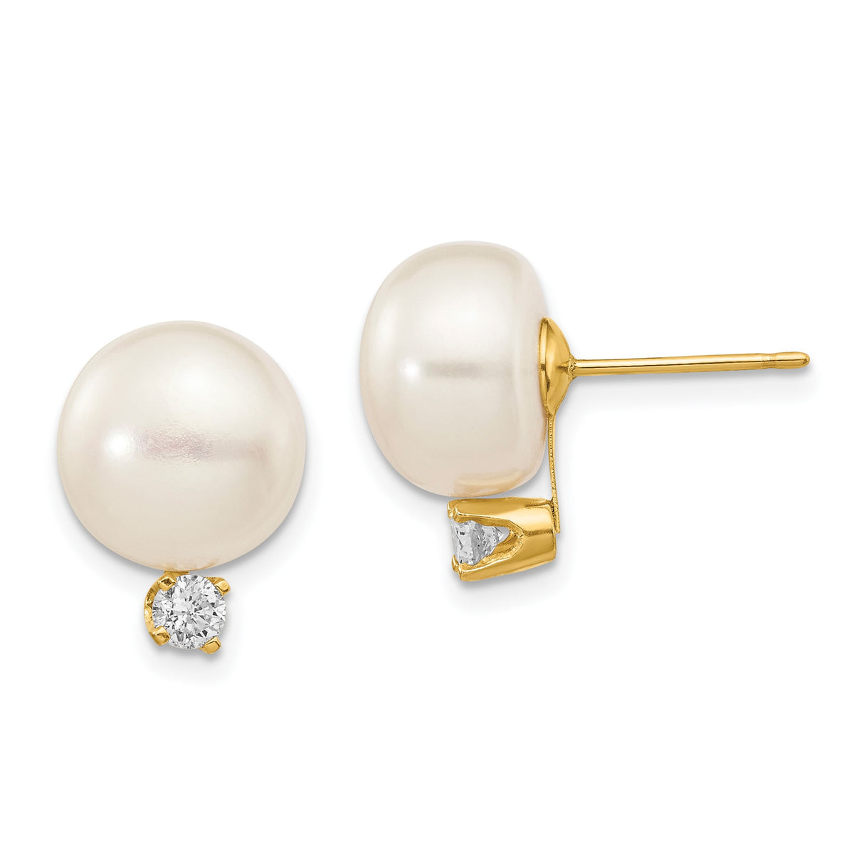 14k Yellow Gold Pearl Stud Earrings with Diamond Accent, Classic Bridal Style for Women