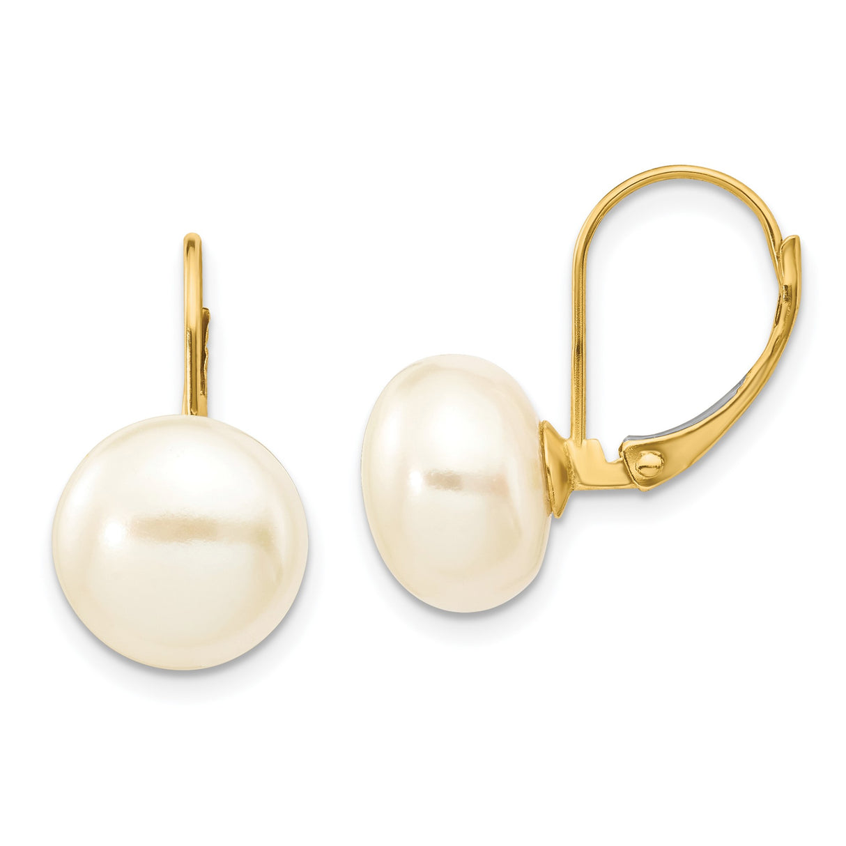 14k Yellow Gold Leverback Earrings with Round White Cultured Pearls, Classic Minimalist Style