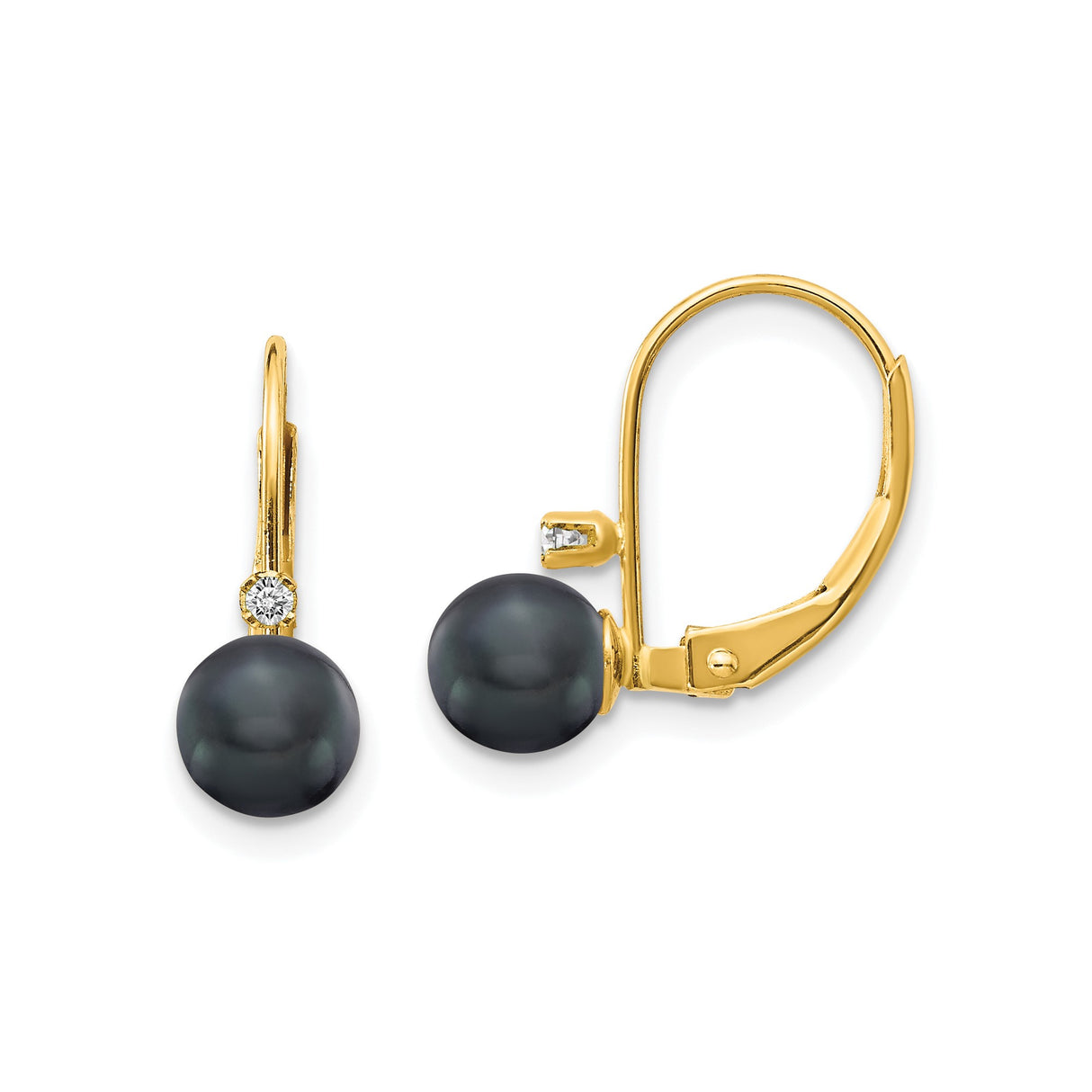 14k Yellow Gold Leverback Earrings with Black Cultured Pearls and Diamond Accent