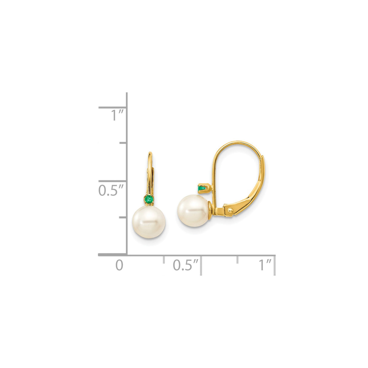 14k Yellow Gold Leverback Earrings with Cultured Pearls and Emerald Accents, Drop Design for Women