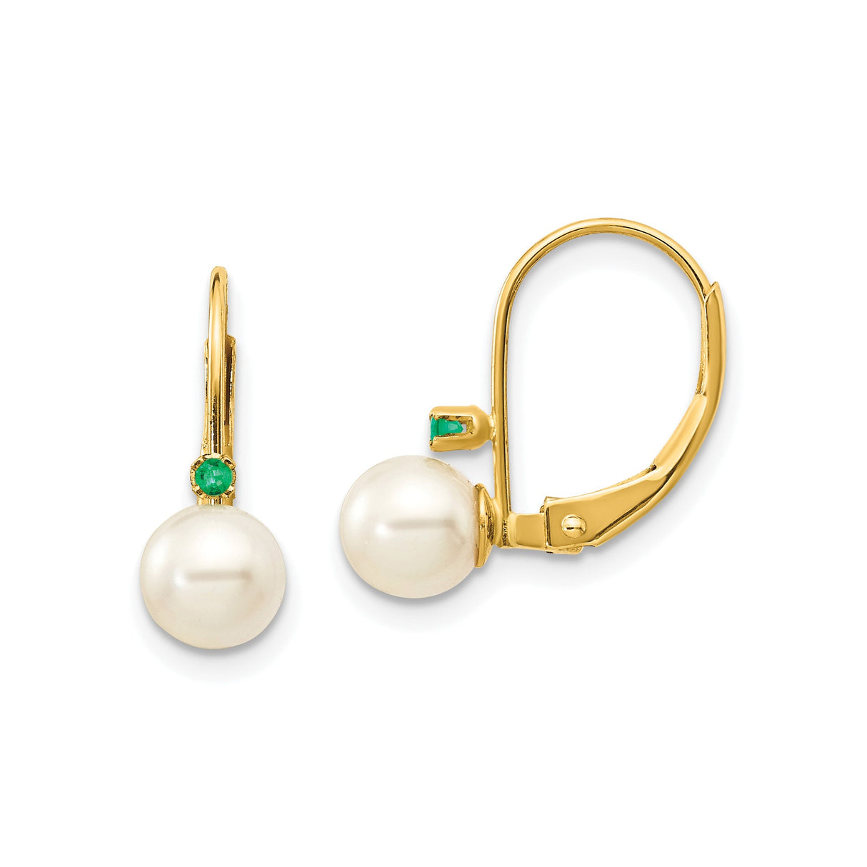 14k Yellow Gold Leverback Earrings with Cultured Pearls and Emerald Accents, Drop Design for Women