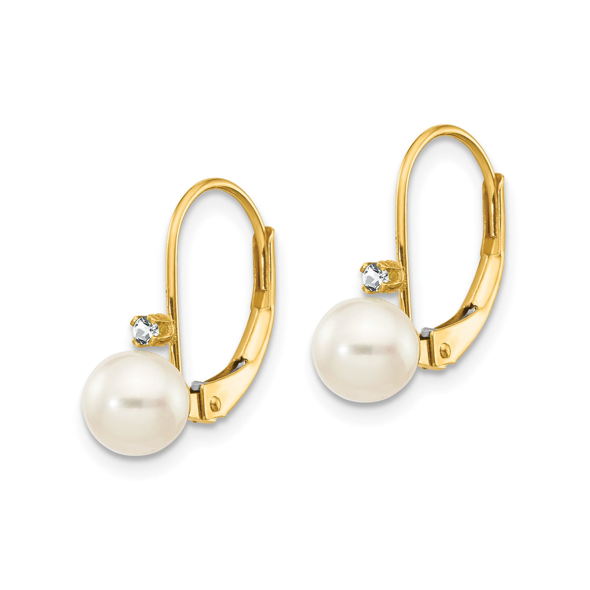 14k Yellow Gold Dangle Earrings with White Pearls and Diamond Accent Leverback Design