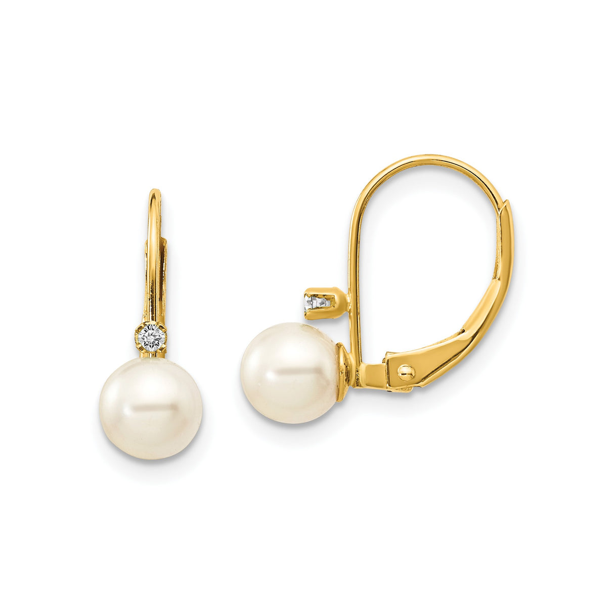 14k Yellow Gold Dangle Earrings with White Pearls and Diamond Accent Leverback Design