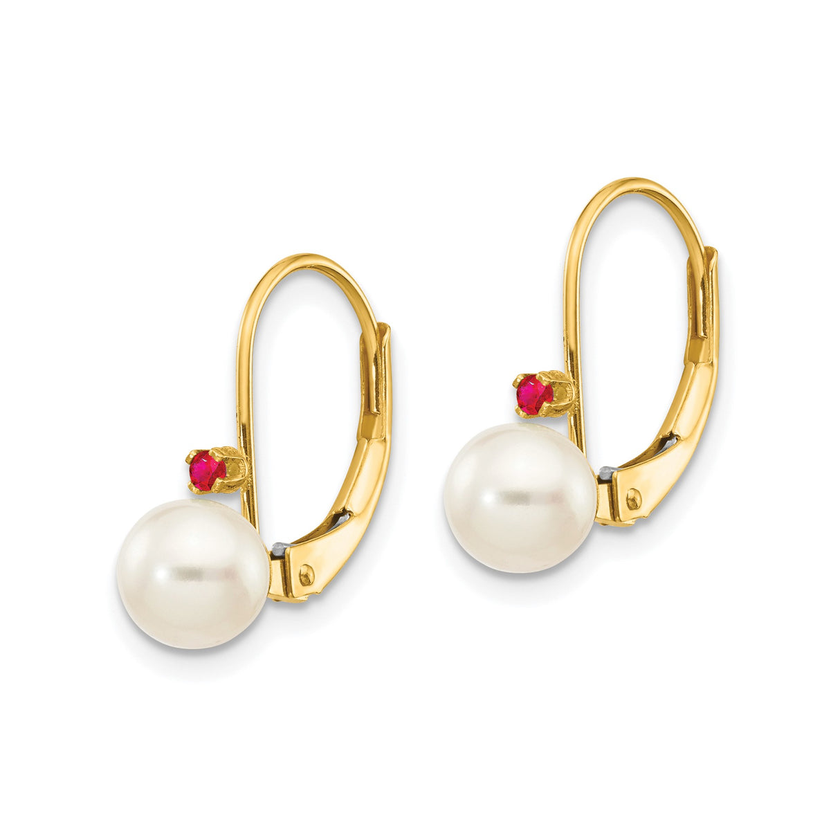14k Yellow Gold Leverback Earrings with White Pearls and Ruby Accents, Drop Design for Women