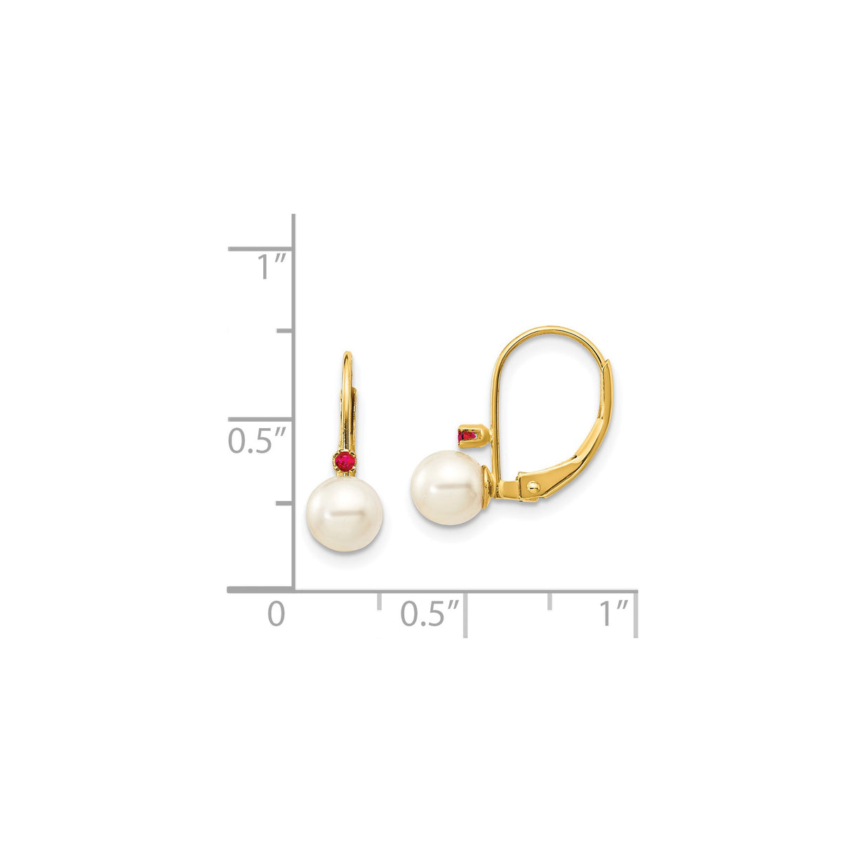 14k Yellow Gold Leverback Earrings with White Pearls and Ruby Accents, Drop Design for Women