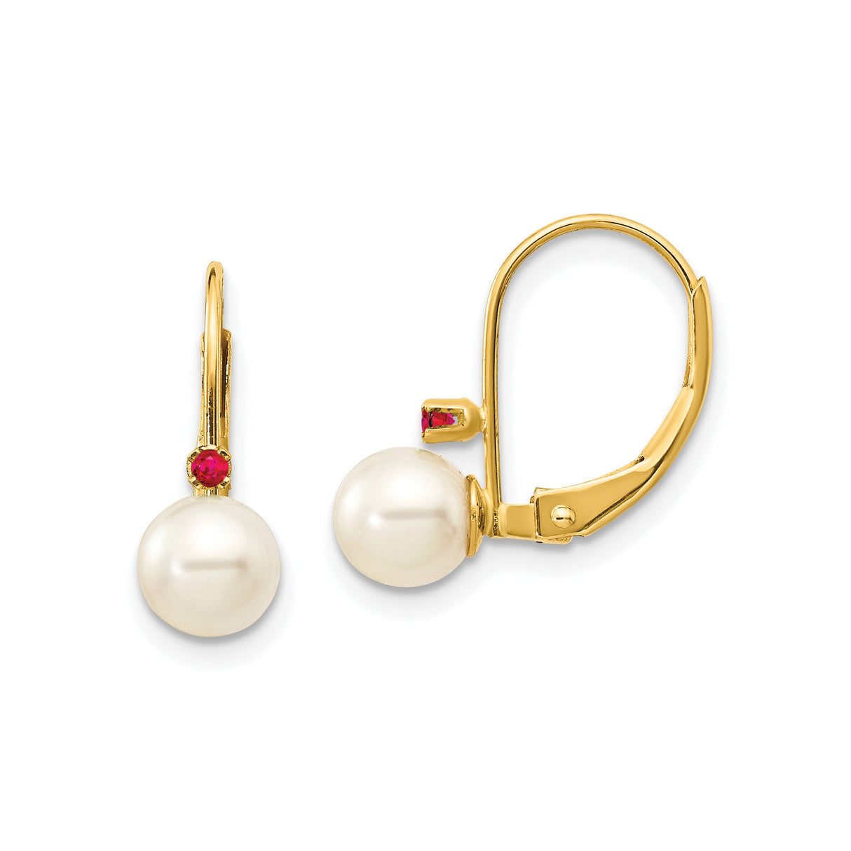 14k Yellow Gold Leverback Earrings with White Pearls and Ruby Accents, Drop Design for Women