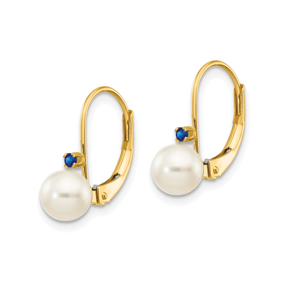 14k Yellow Gold Leverback Earrings with White Cultured Pearls and Blue Sapphire Accents