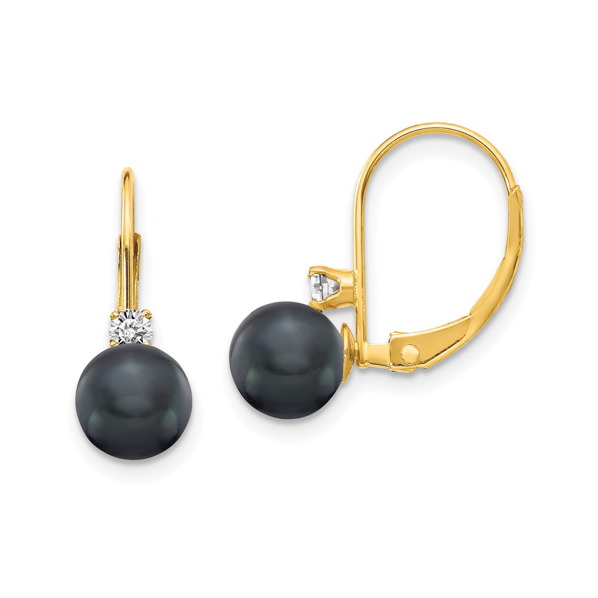 14k Yellow Gold Leverback Earrings with Black Cultured Pearls and Diamond Accents