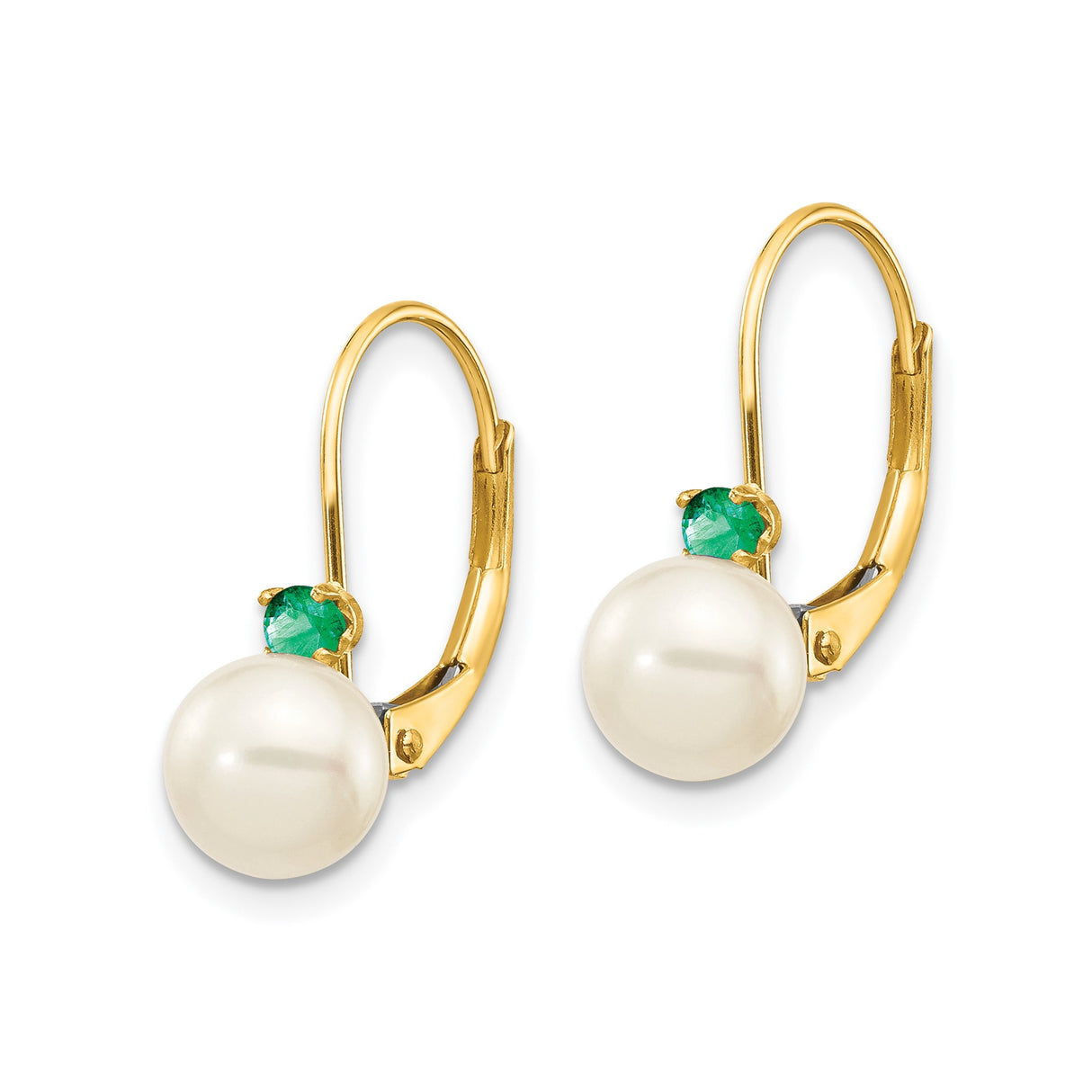 14k Yellow Gold Leverback Earrings with Pearl and Emerald, Vintage Inspired Design
