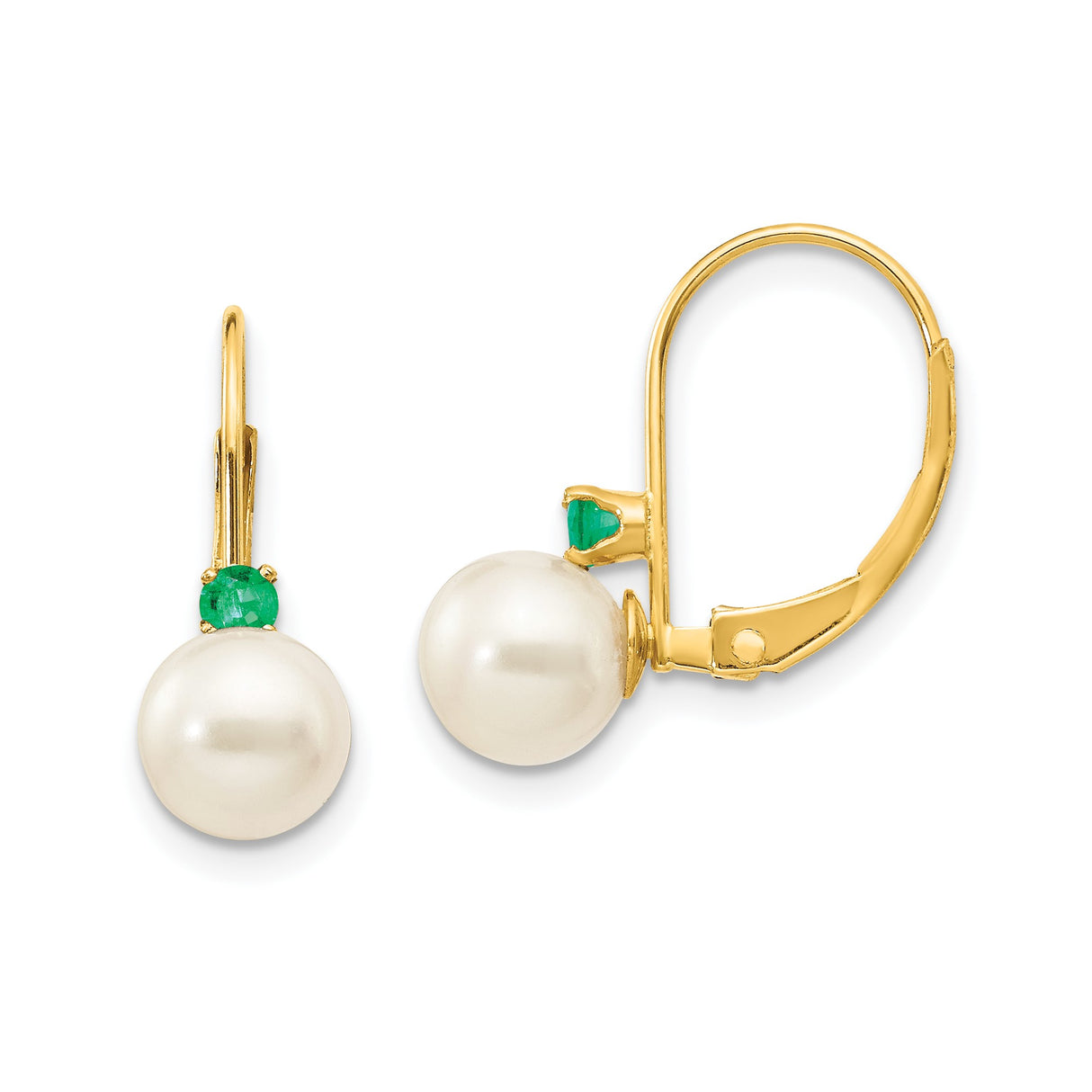 14k Yellow Gold Leverback Earrings with Pearl and Emerald, Vintage Inspired Design
