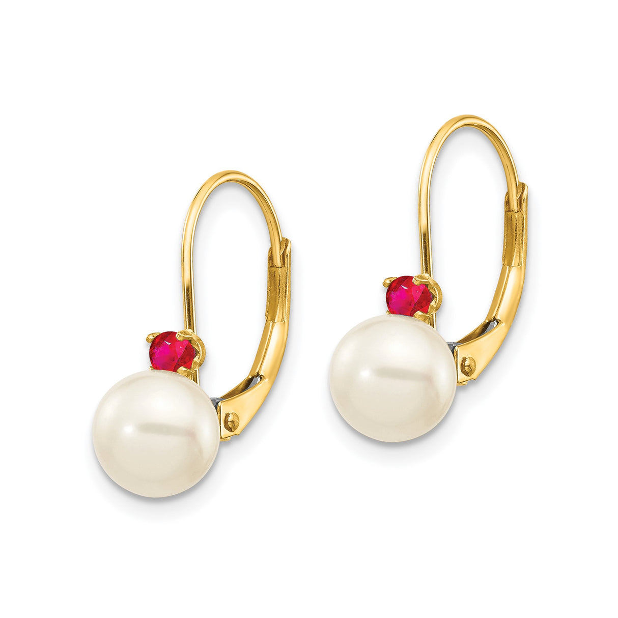 14k Yellow Gold Drop Earrings with White Pearls and Ruby Accents, Leverback Dangle Design