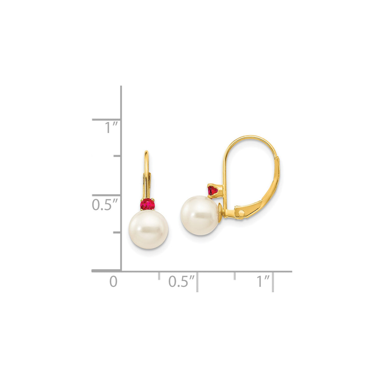 14k Yellow Gold Drop Earrings with White Pearls and Ruby Accents, Leverback Dangle Design