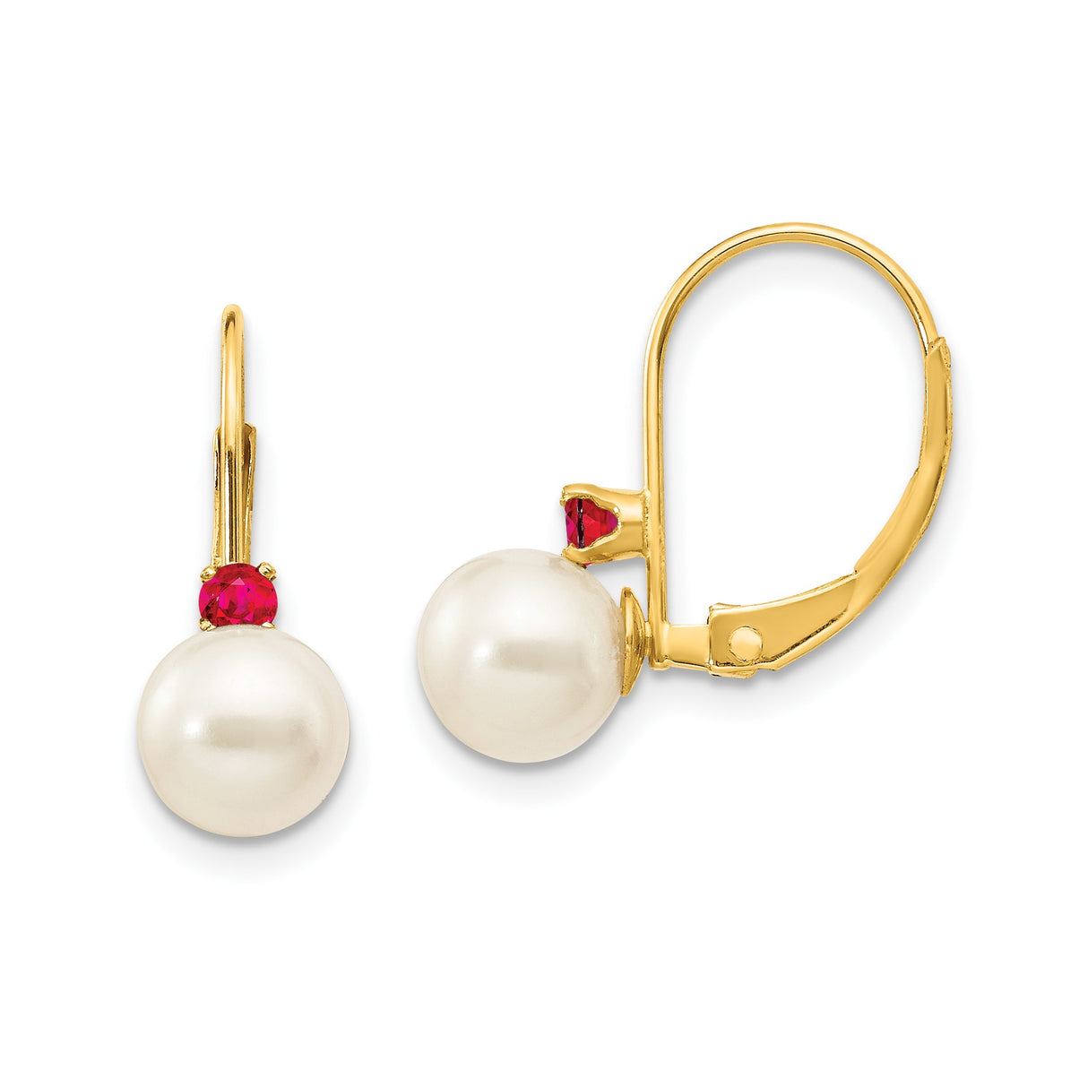 14k Yellow Gold Drop Earrings with White Pearls and Ruby Accents, Leverback Dangle Design