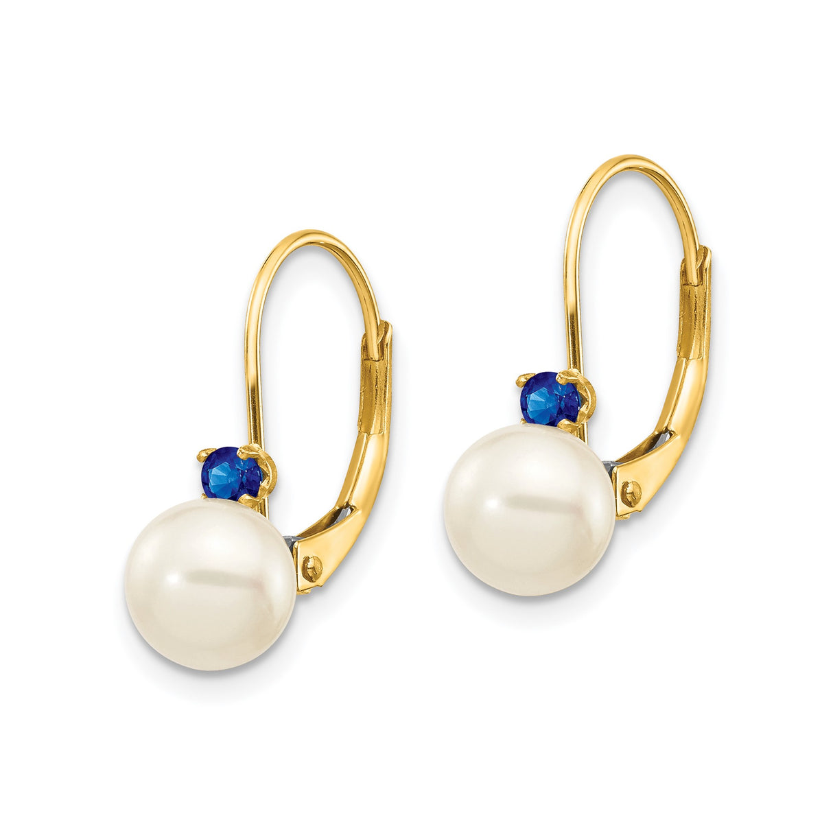14k Yellow Gold Leverback Drop Earrings with White Cultured Pearls and Blue Sapphires