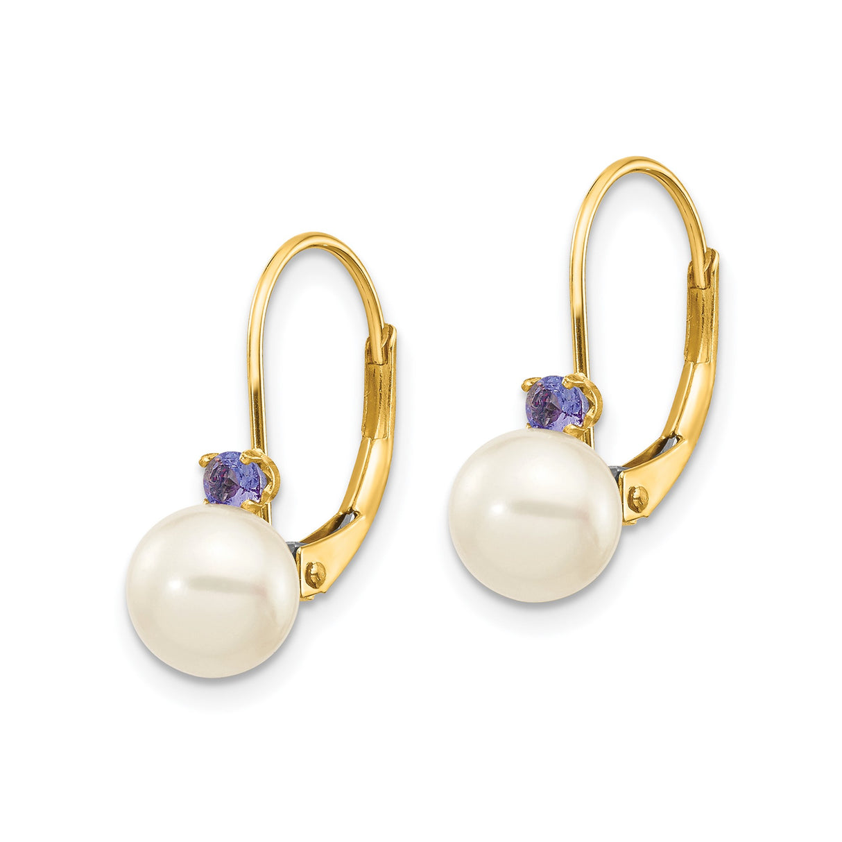 14k Yellow Gold Drop Earrings with White Freshwater Pearls and Tanzanite, Elegant Dangle Design