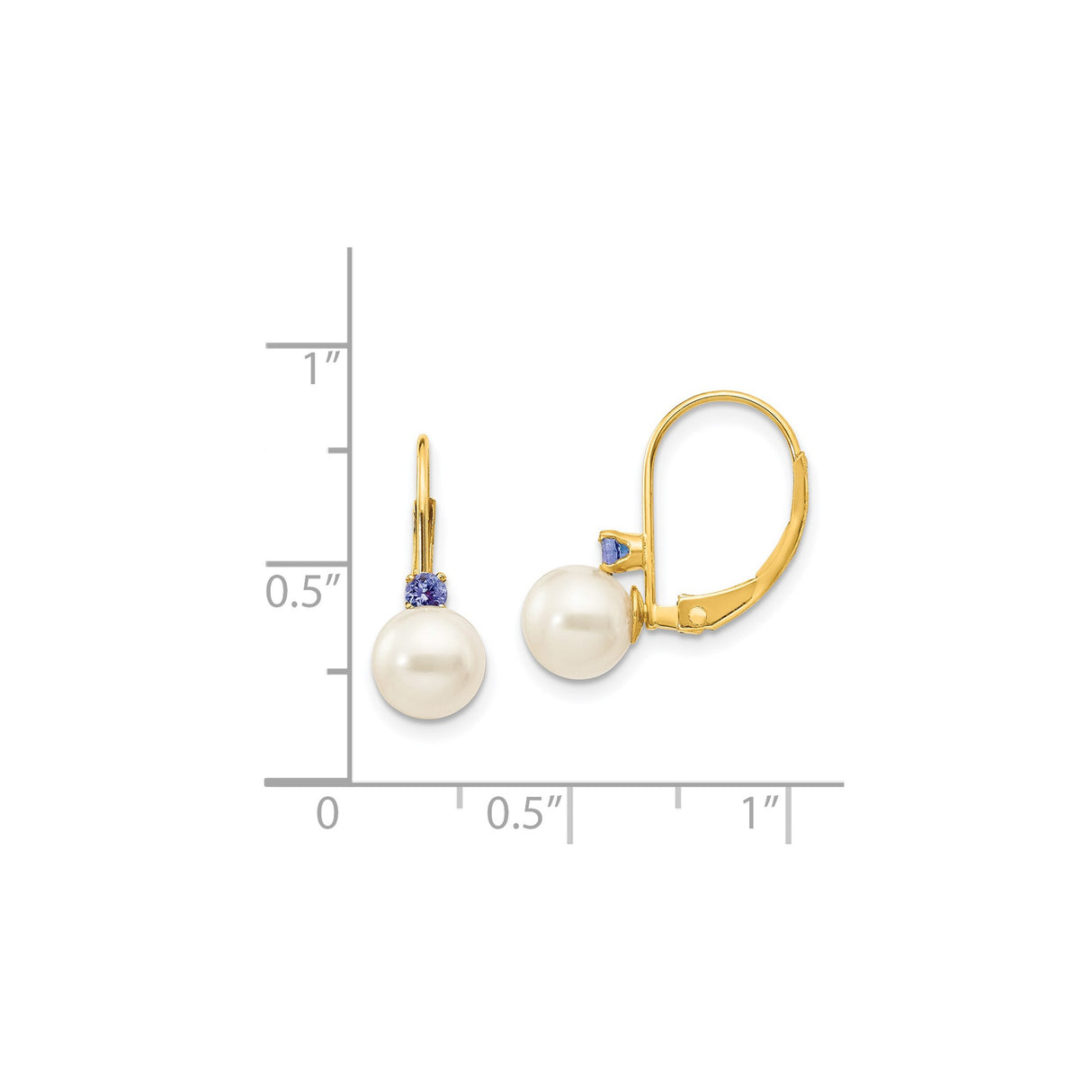 14k Yellow Gold Drop Earrings with White Freshwater Pearls and Tanzanite, Elegant Dangle Design
