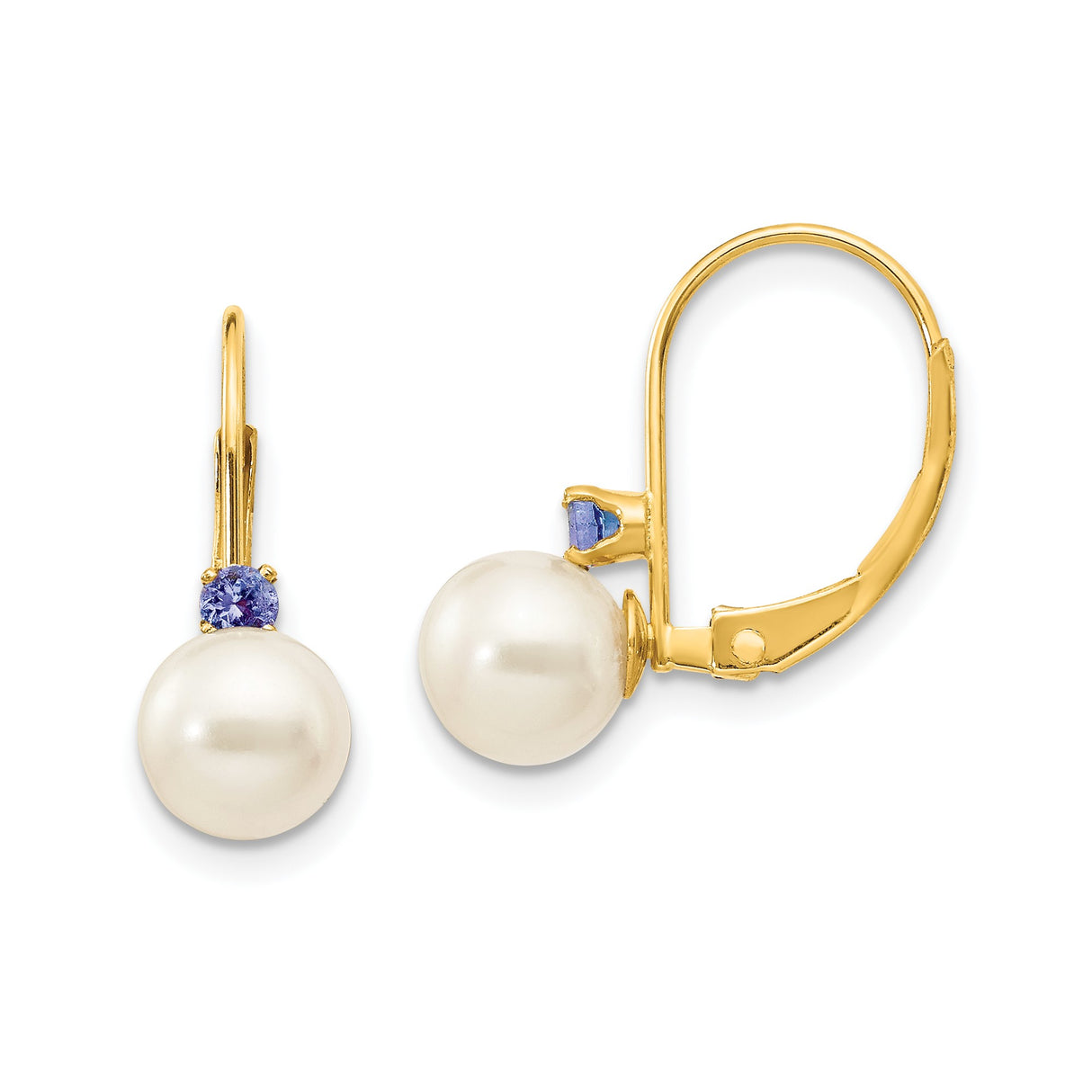 14k Yellow Gold Drop Earrings with White Freshwater Pearls and Tanzanite, Elegant Dangle Design